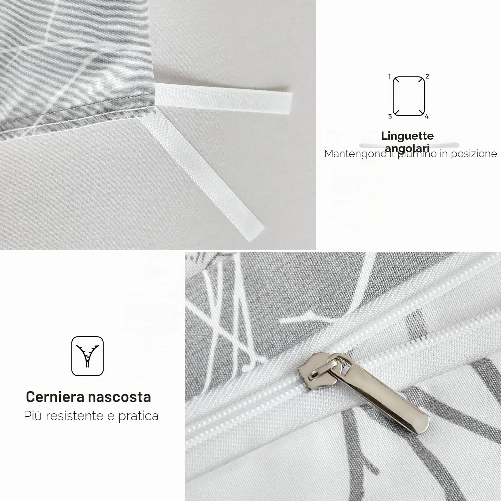 Tokokimo Set Copripiumino Matrimoniale 4 Pezzi, Microfibra 240x220 cm con Lenzuolo con Angoli 160x200+35 cm e 2 Federe 50x80 cm, Motivo Rami e Foglie, Grigio - immagine 6