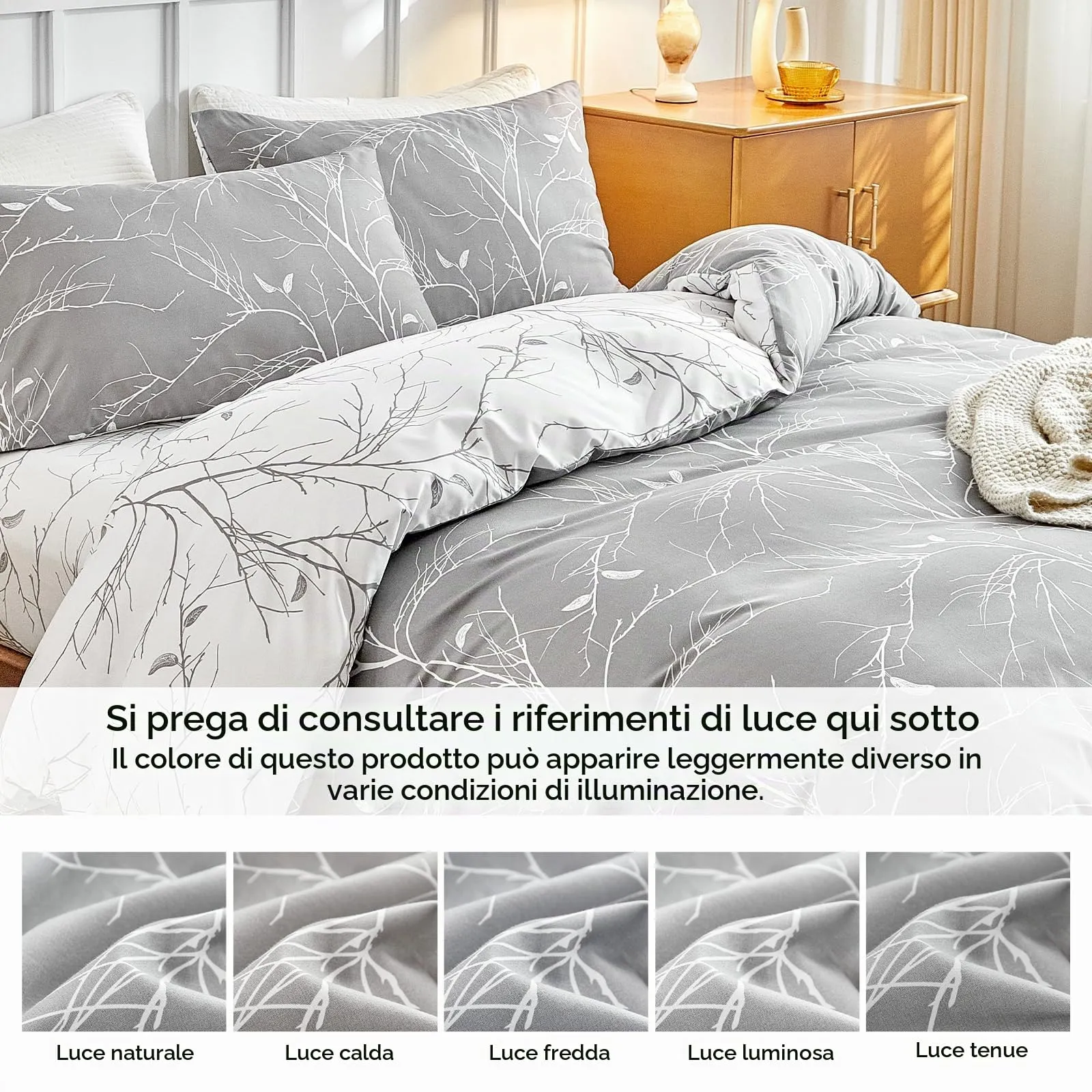 Tokokimo Set Copripiumino Matrimoniale 4 Pezzi, Microfibra 240x220 cm con Lenzuolo con Angoli 160x200+35 cm e 2 Federe 50x80 cm, Motivo Rami e Foglie, Grigio - immagine 8