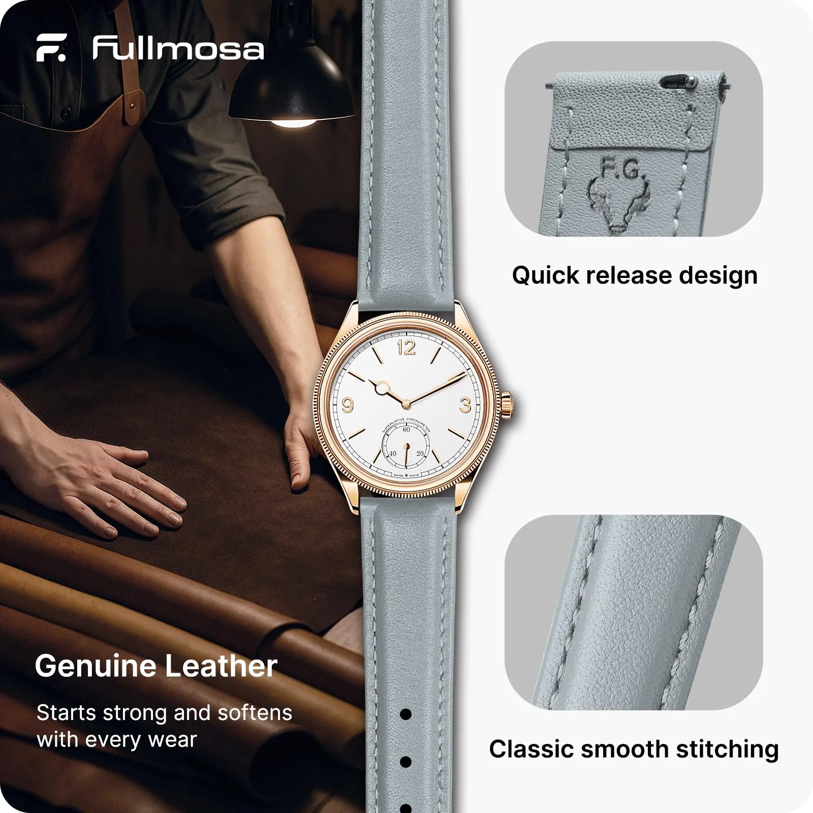 Fullmosa Cinturino per Orologio 16mm in Pelle a Sgancio Rapido - Grigio Chiaro e Oro Rosa - immagine 4