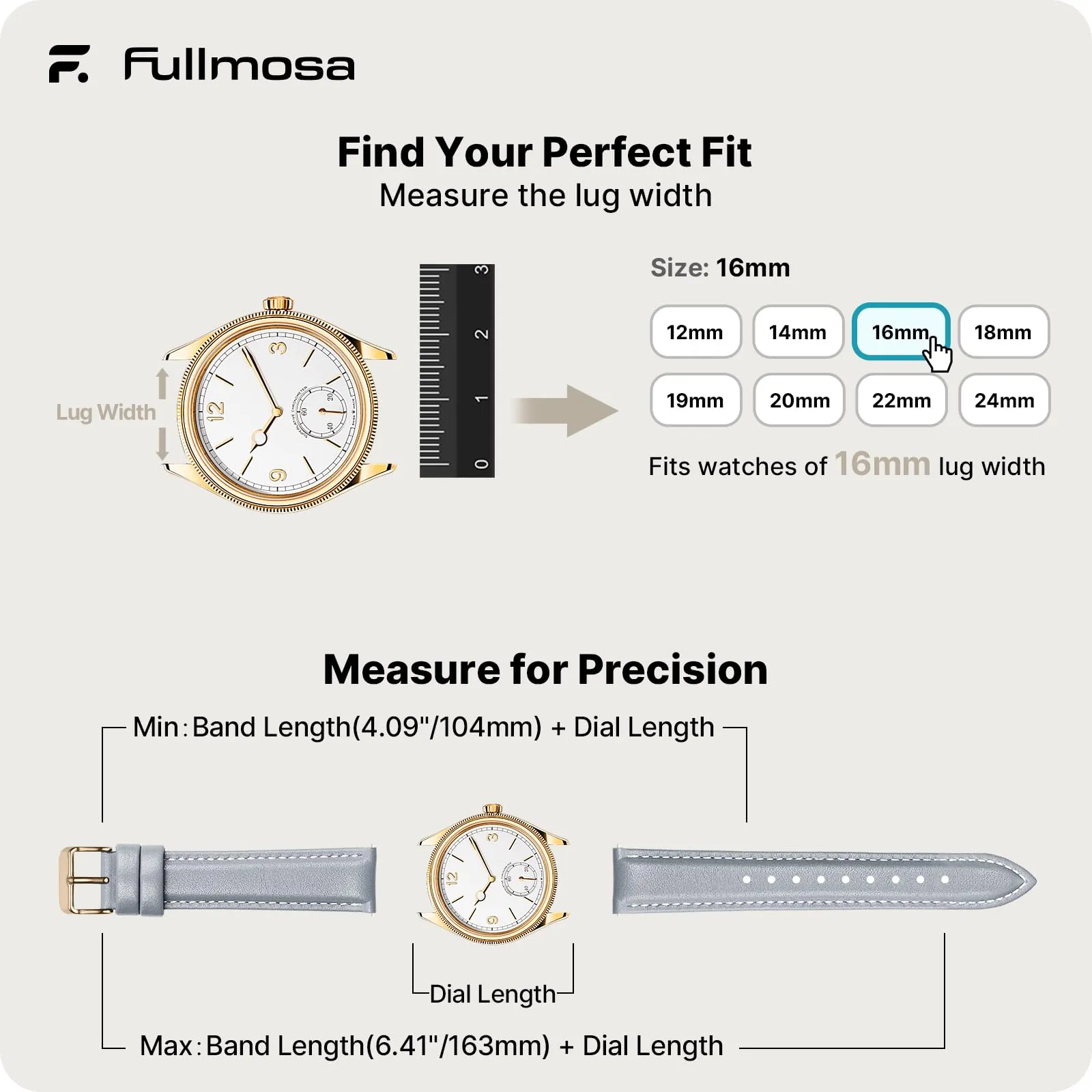 Fullmosa Cinturino per Orologio 16mm in Pelle a Sgancio Rapido - Grigio Chiaro e Oro Rosa - immagine 5