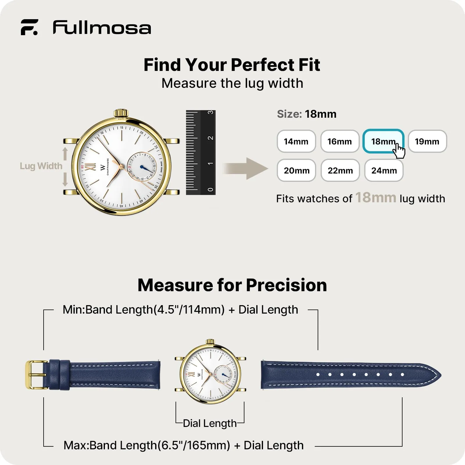 Fullmosa Cinturino per Orologio 18mm in Vera Pelle a Sgancio Rapido, Blu Scuro con Fibbia Oro - immagine 5