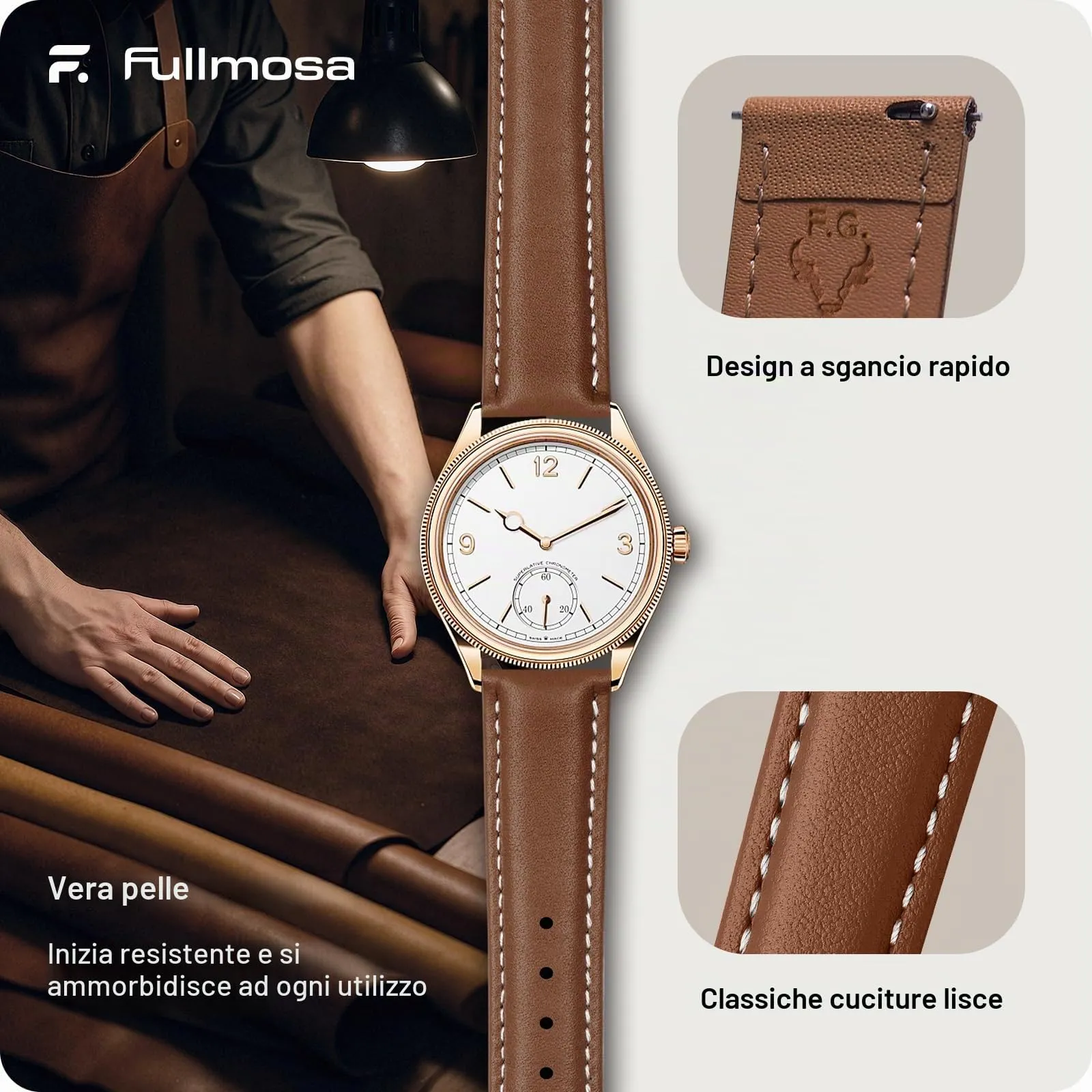 Fullmosa Cinturino per Orologio 18mm in Pelle a Sgancio Rapido, Marrone con Fibbia Rosé - immagine 4