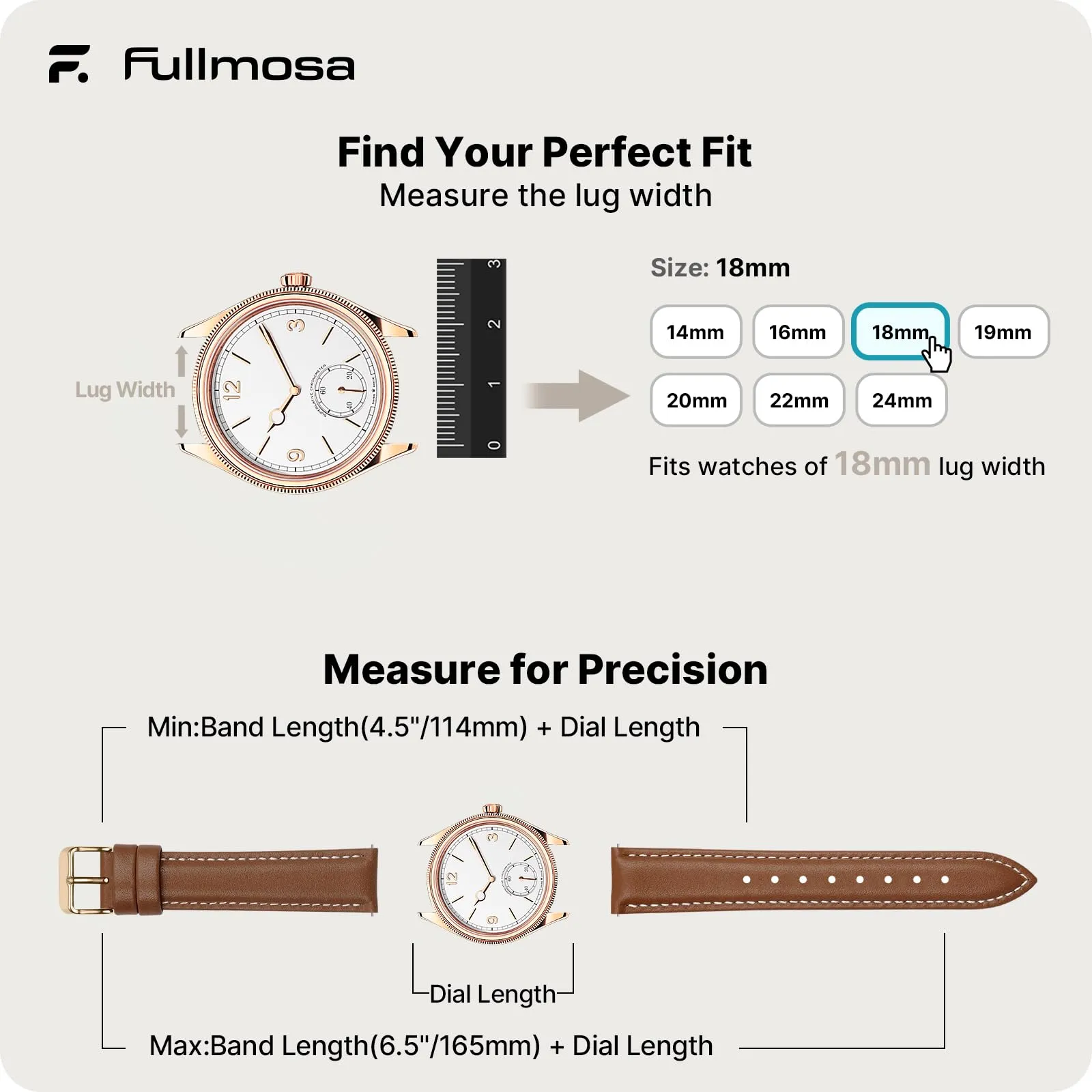 Fullmosa Cinturino per Orologio 18mm in Pelle a Sgancio Rapido, Marrone con Fibbia Rosé - immagine 5
