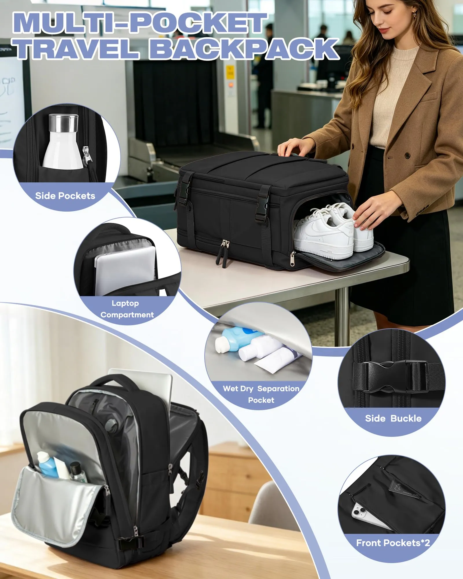 SZLX Zaino da Viaggio Sottovuoto con Pompa 40x30x20 Ryanair Wizzair Bagaglio a Mano Impermeabile per Laptop 14 Pollici con Scomparto per Scarpe - immagine 11