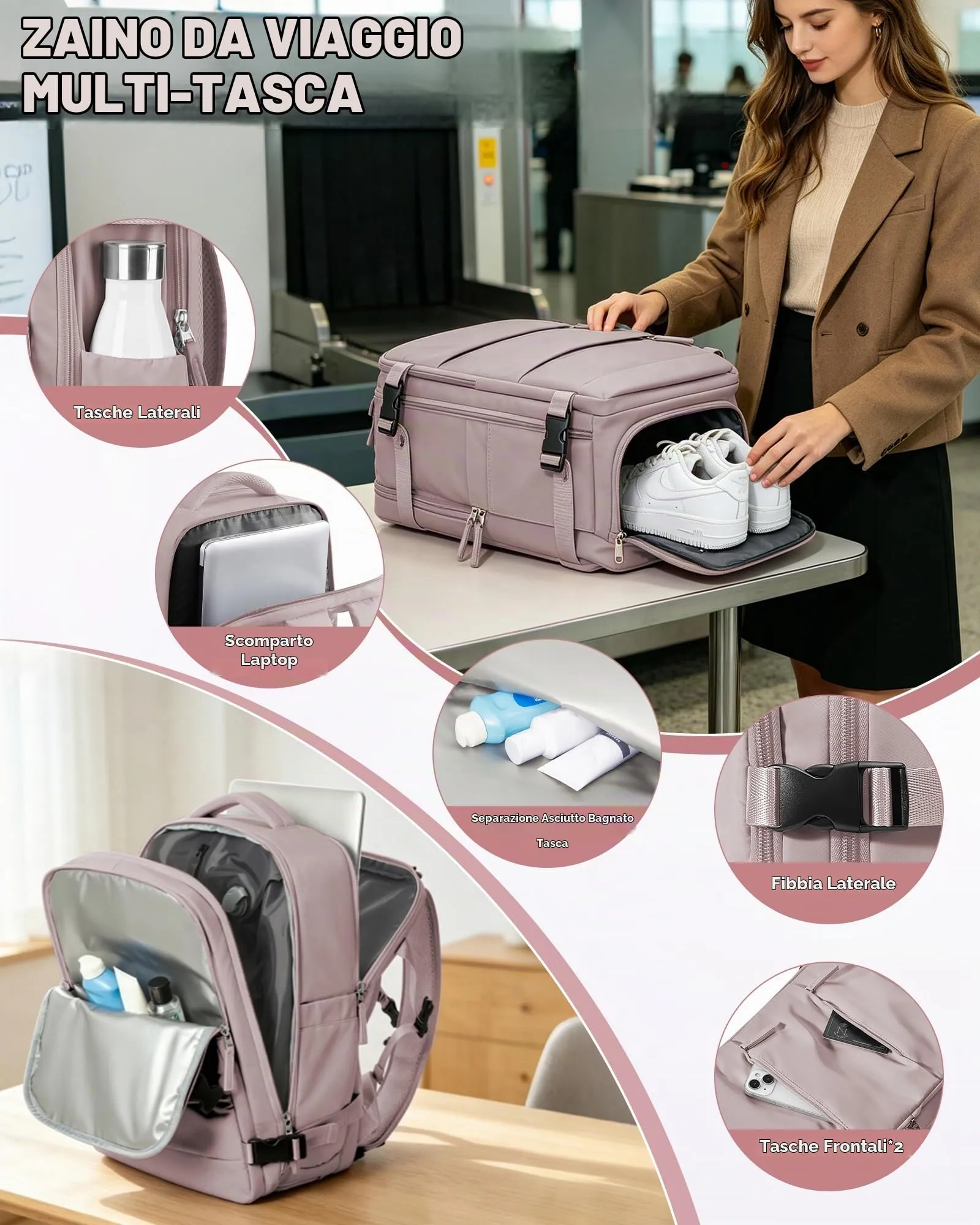 SZLX Zaino da Viaggio Sottovuoto con Pompa 40x30x20 Ryanair Wizzair Bagaglio a Mano Impermeabile con Scomparto Scarpe e Laptop 14 Pollici - immagine 9
