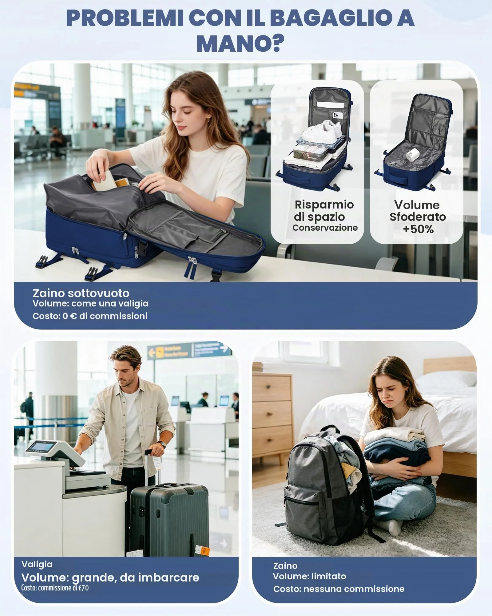 SZLX Zaino da Viaggio Sottovuoto con Pompa 40x30x20 per Ryanair e Wizzair, Impermeabile con Scomparto Scarpe e Laptop 14 Pollici - immagine 4