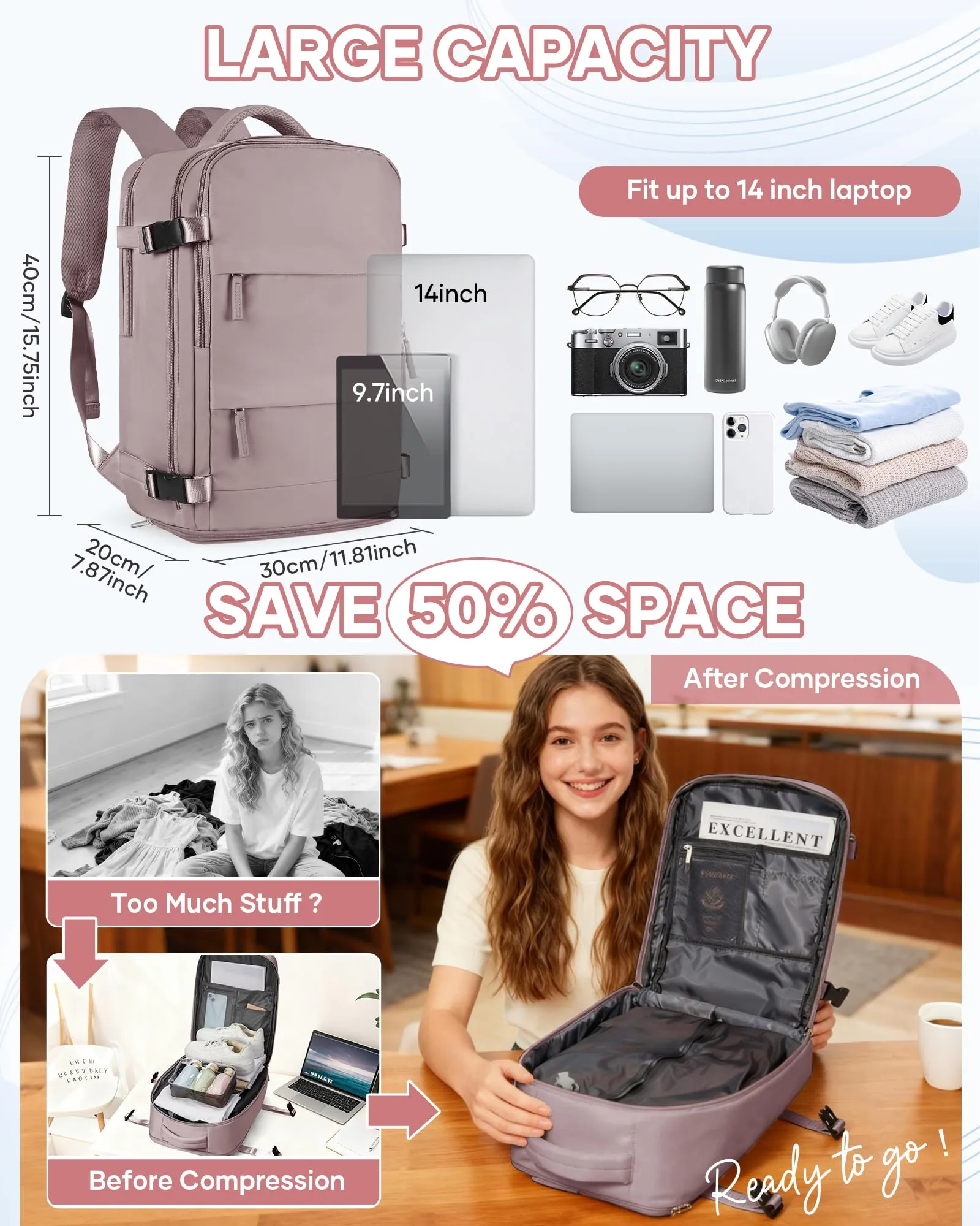 SZLX Zaino da Viaggio Sottovuoto con Pompa 40x30x20cm per Ryanair e Wizzair, Impermeabile con Scomparto Laptop 14 Pollici e Scomparto per Scarpe - immagine 4
