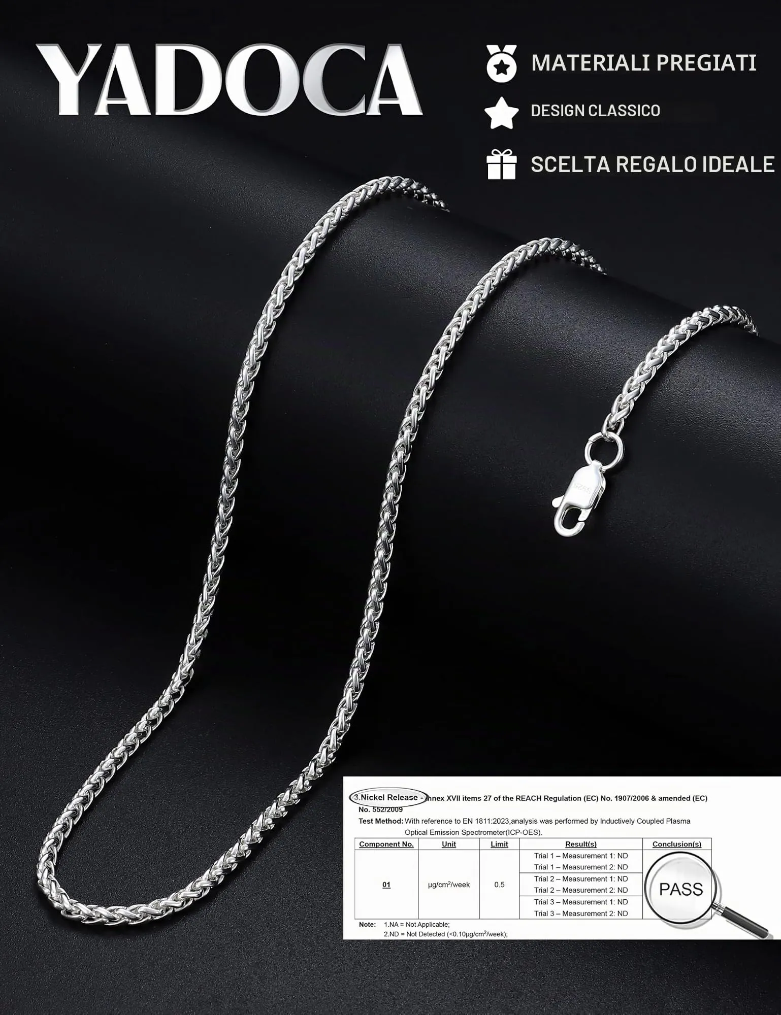 YADOCA Collana Uomo Argento 925 Catena a Spiga 46cm - immagine 7