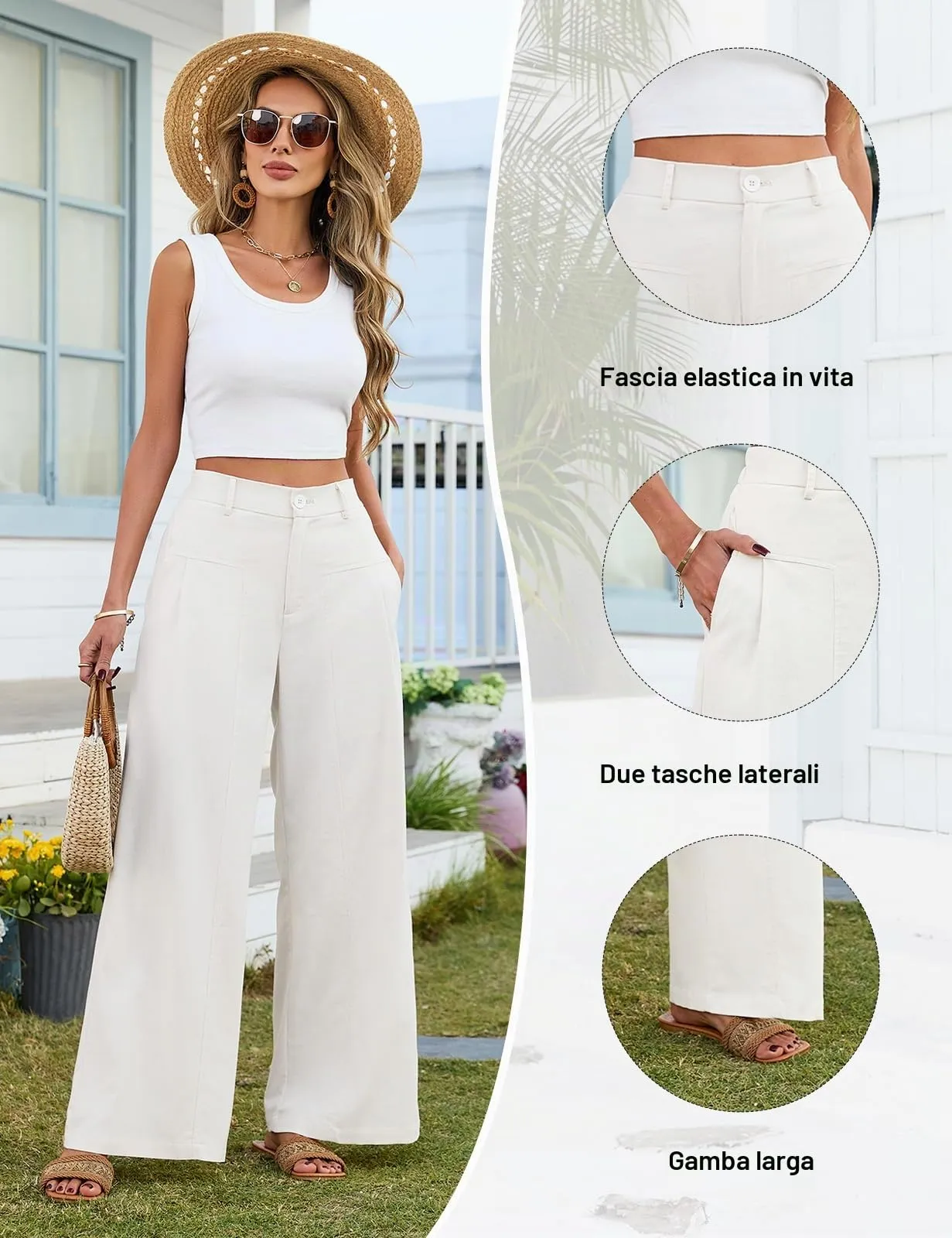 heekpek Pantaloni in Lino Donna Estivi a Gamba Larga con Vita Alta e Tasche - Bianco, XXL - immagine 4