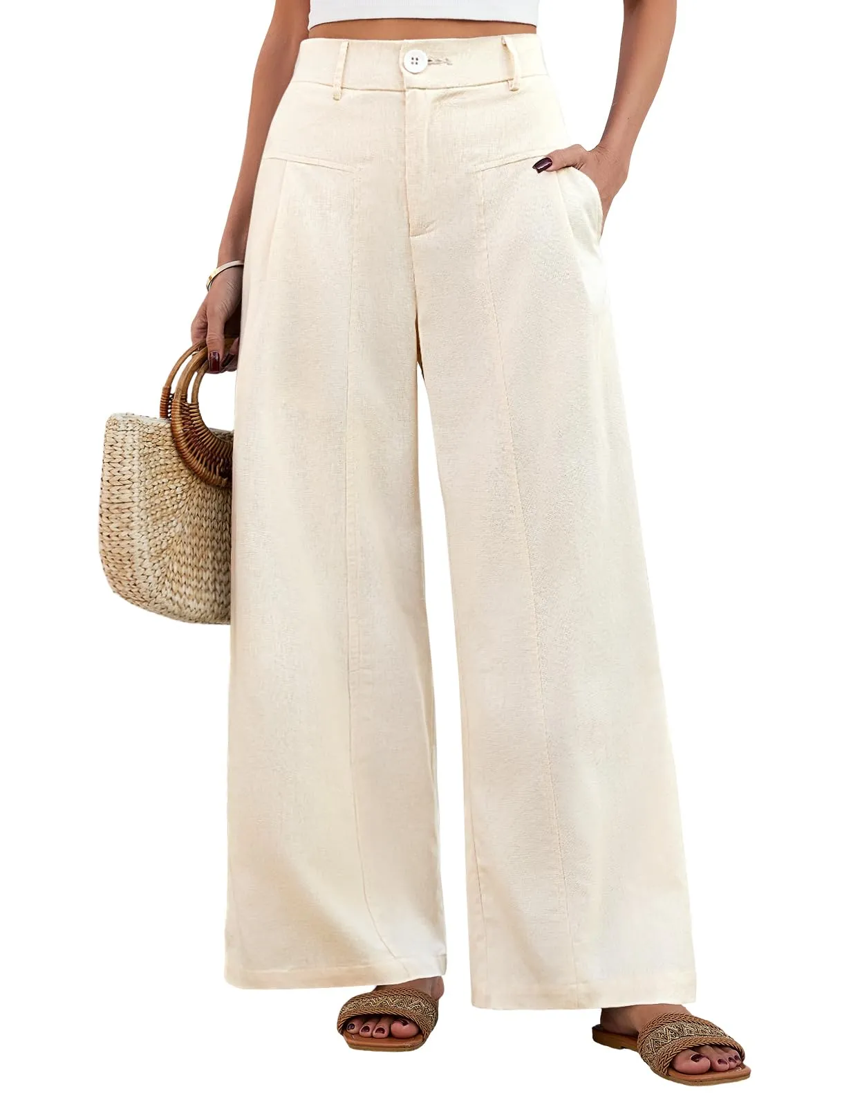 heekpek Pantaloni in Lino Donna Estivi a Gamba Larga con Vita Alta e Tasche, Color Crema, XXL - immagine 1