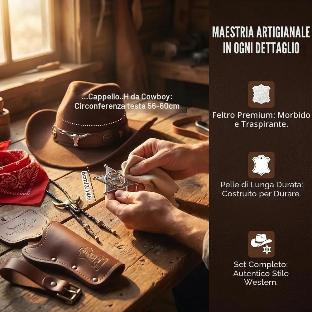 WFKKMEQ Costume da Cowboy, Set di 7 Accessori con Cappello, Bandana, Cintura, Fondina, Collana e Distintivo (Marrone) - immagine 2