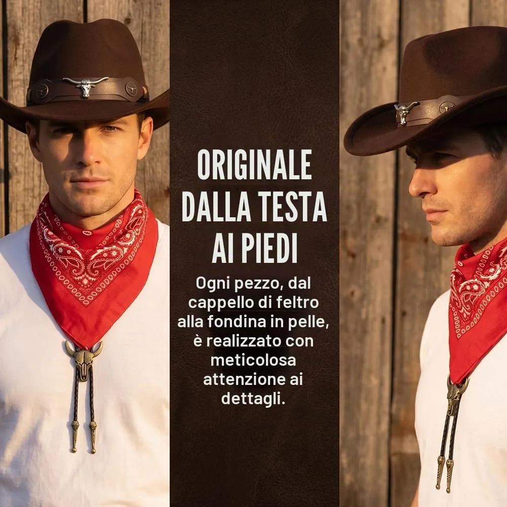 WFKKMEQ Costume da Cowboy, Set di 7 Accessori con Cappello, Bandana, Cintura, Fondina, Collana e Distintivo (Marrone) - immagine 3