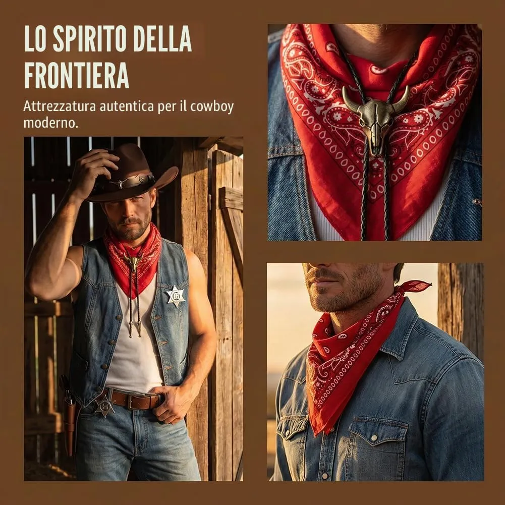 WFKKMEQ Costume da Cowboy, Set di 7 Accessori con Cappello, Bandana, Cintura, Fondina, Collana e Distintivo (Marrone) - immagine 4