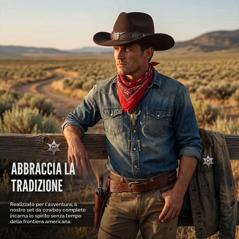 WFKKMEQ Costume da Cowboy, Set di 7 Accessori con Cappello, Bandana, Cintura, Fondina, Collana e Distintivo (Marrone) - immagine 5