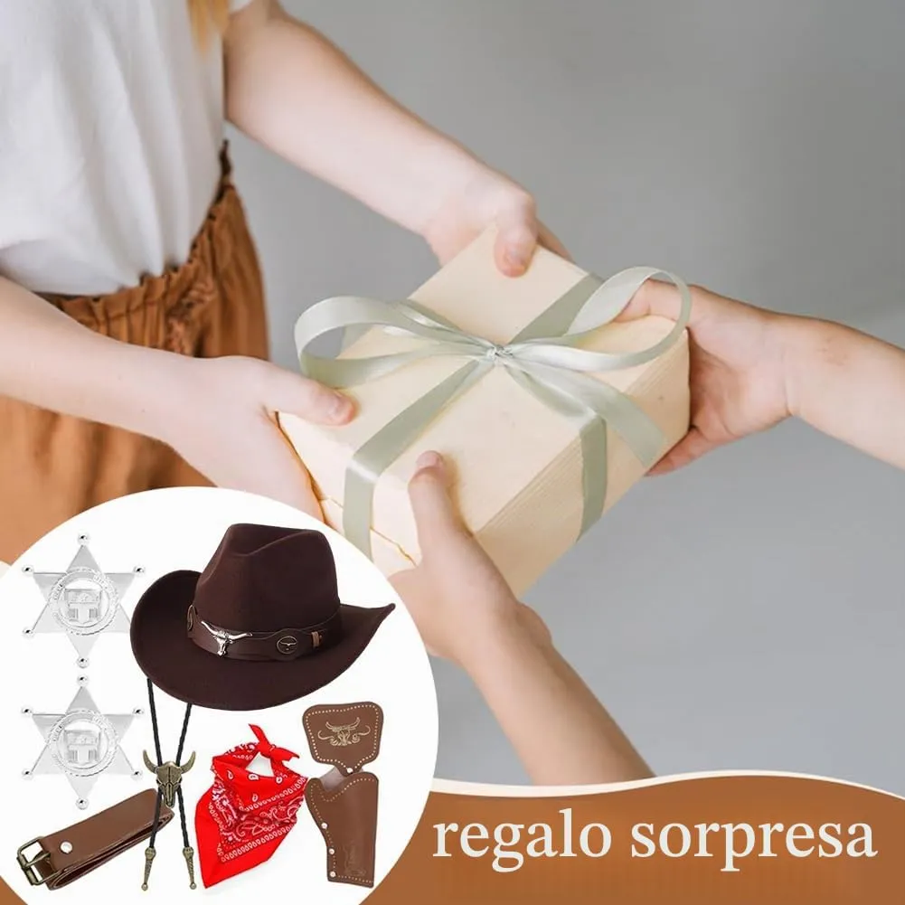 WFKKMEQ Costume da Cowboy, Set di 7 Accessori con Cappello, Bandana, Cintura, Fondina, Collana e Distintivo (Marrone) - immagine 8