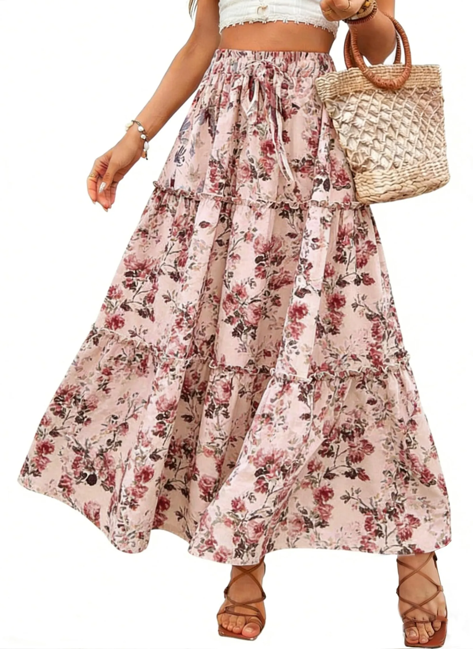 Vossmi Gonna Lunga Donna Maxi A-Line con Vita Alta Elastica e Coulisse, Rosa, M - immagine 1