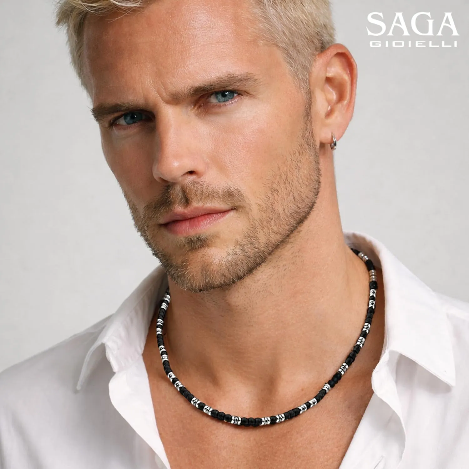 SAGA GIOIELLI Collana Uomo in Acciaio Inox e Onice Nero Opaco (50 cm + 5,5 cm) - immagine 2