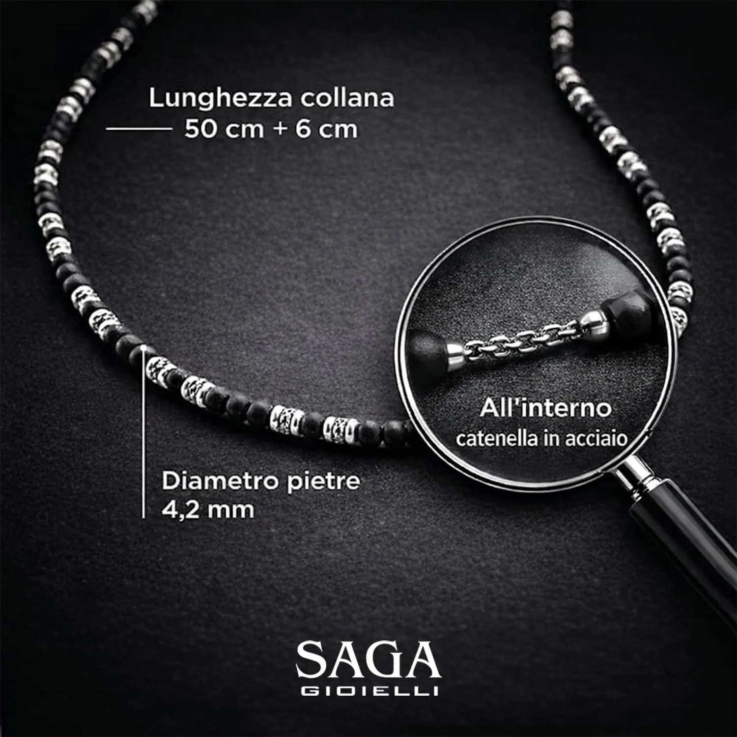SAGA GIOIELLI Collana Uomo in Acciaio Inox e Onice Nero Opaco (50 cm + 5,5 cm) - immagine 3