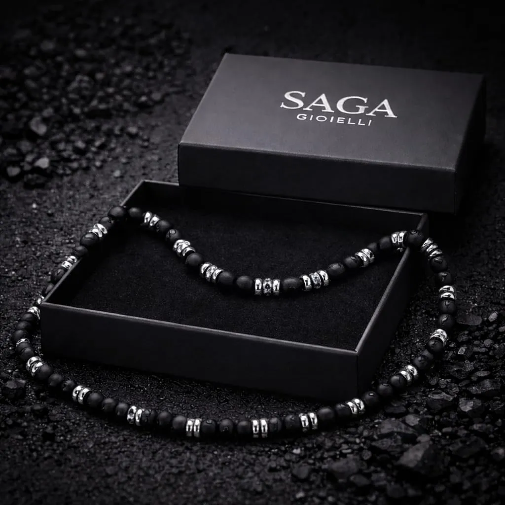 SAGA GIOIELLI Collana Uomo in Acciaio Inox e Onice Nero Opaco (50 cm + 5,5 cm) - immagine 5