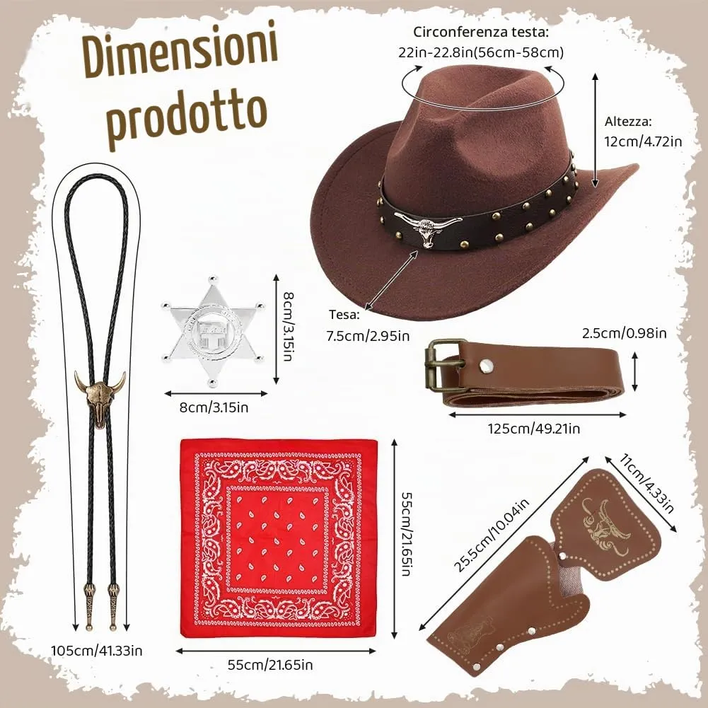WFKKMEQ Costume da Cowboy Kit Accessori con Cappello, Bandana, Cintura, Fondina, Collana e Distintivo - immagine 2