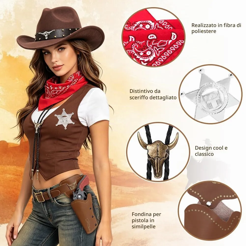 WFKKMEQ Costume da Cowboy Kit Accessori con Cappello, Bandana, Cintura, Fondina, Collana e Distintivo - immagine 4