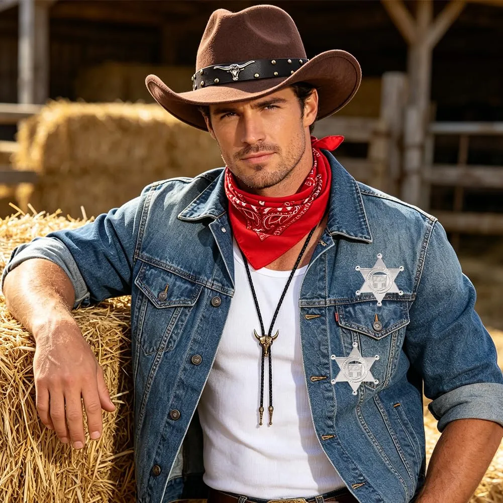 WFKKMEQ Costume da Cowboy Kit Accessori con Cappello, Bandana, Cintura, Fondina, Collana e Distintivo - immagine 8