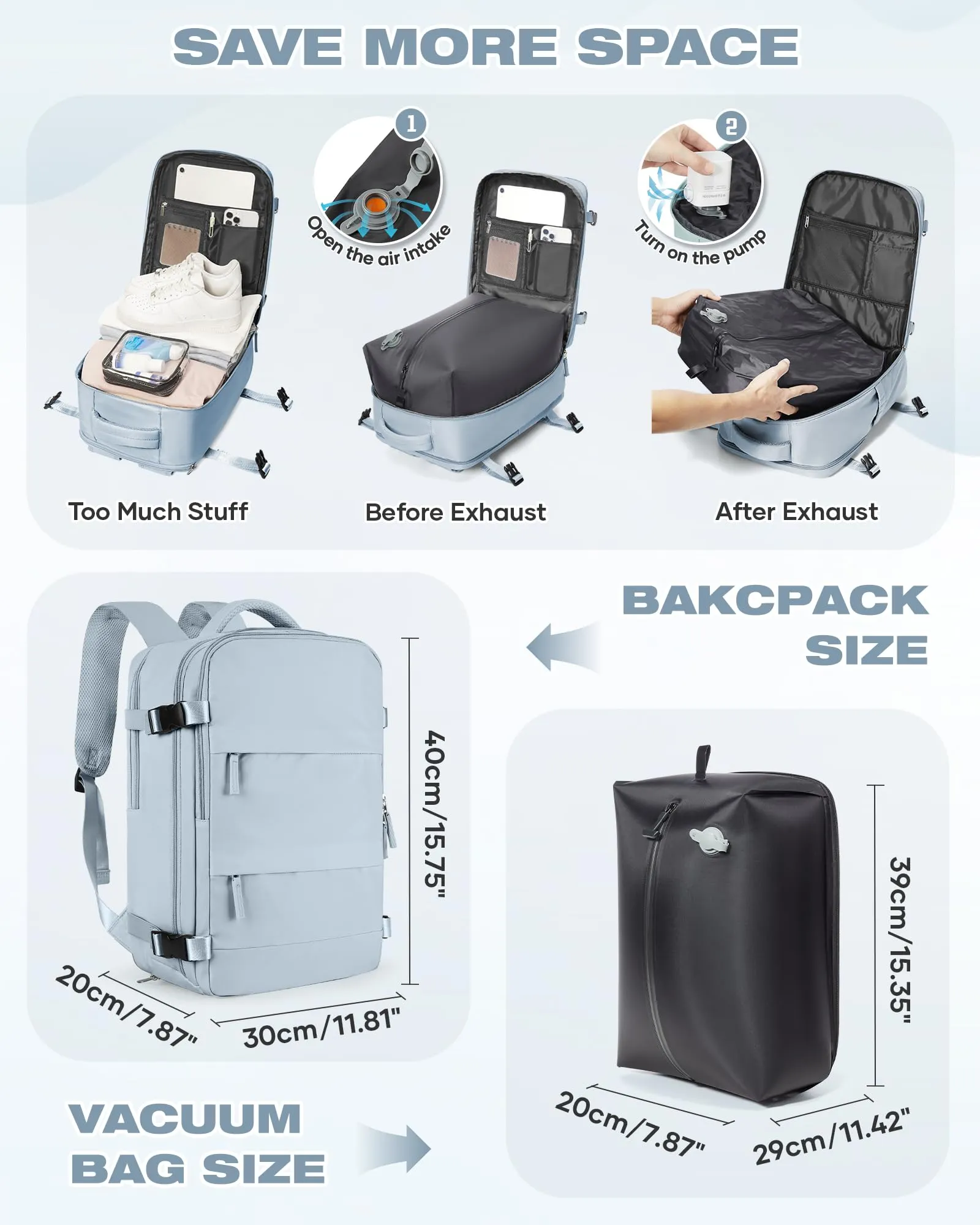 SZLX Zaino da Viaggio Sottovuoto con Pompa 40x30x20 Ryanair Wizzair, Impermeabile con Scomparto per Scarpe e Laptop 14 Pollici - immagine 3