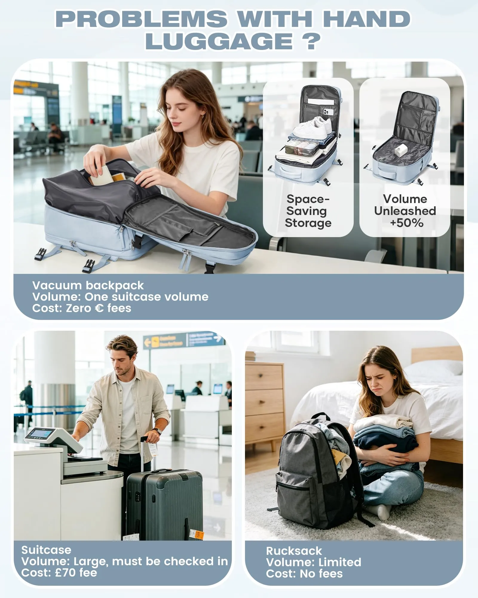 SZLX Zaino da Viaggio Sottovuoto con Pompa 40x30x20 Ryanair Wizzair, Impermeabile con Scomparto per Scarpe e Laptop 14 Pollici - immagine 4