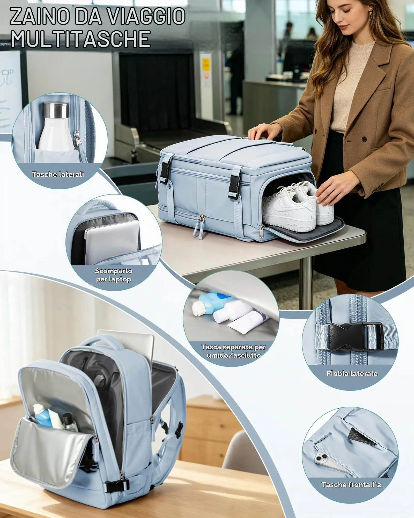 SZLX Zaino da Viaggio Sottovuoto con Pompa 40x30x20 Ryanair Wizzair, Impermeabile con Scomparto per Scarpe e Laptop 14 Pollici - immagine 9