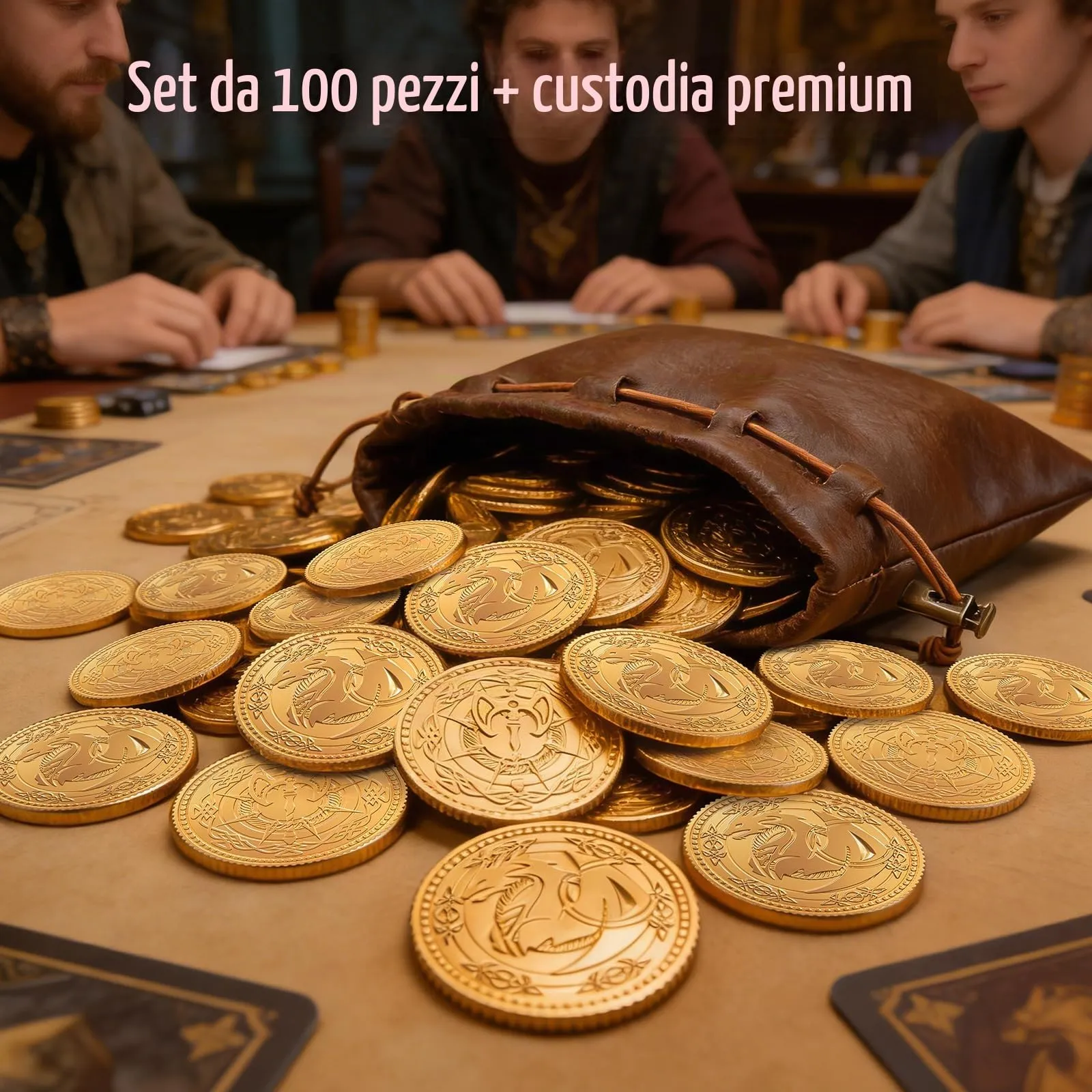 Byhoo Monete in Metallo Dragon Yue per DND, Set di Tesori per Giochi di Ruolo con Sacchetto in Pelle, 100 Pezzi - immagine 7