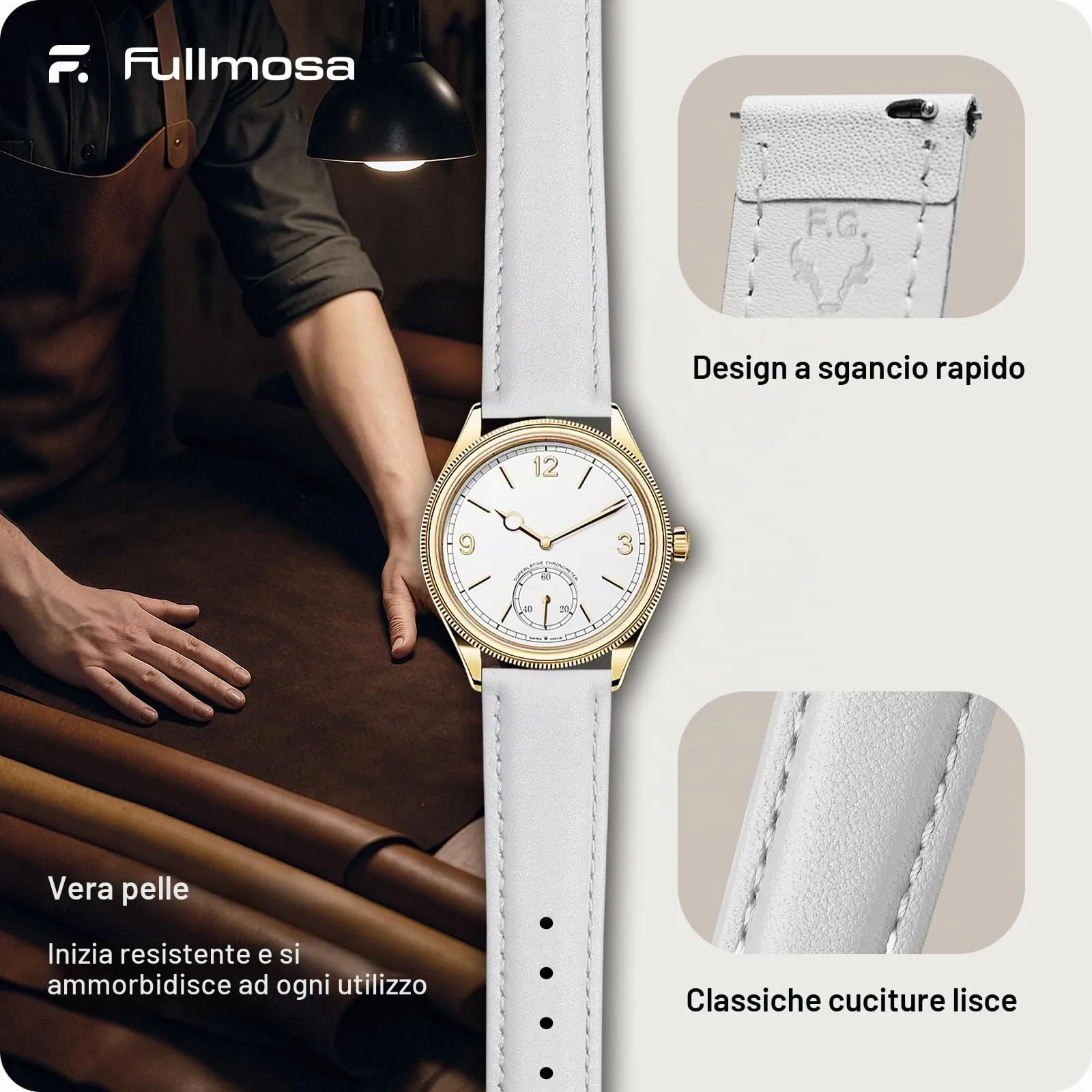Fullmosa Cinturino per Orologio 16mm in Pelle a Sgancio Rapido LWS-1664 Bianco Fibbia Oro - immagine 4