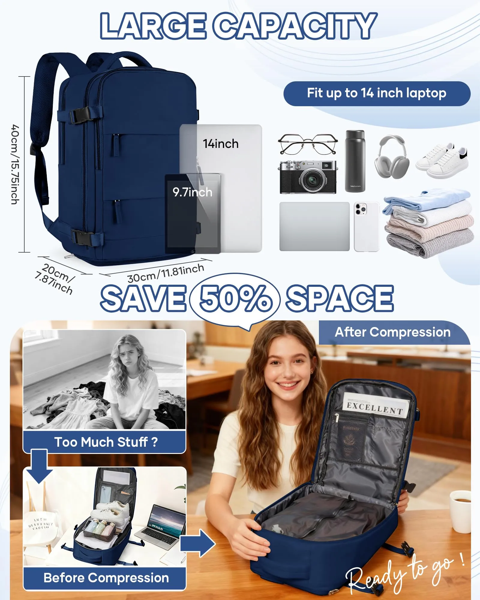 SZLX Zaino da Viaggio Sottovuoto con Pompa 40x30x20 Ryanair Wizzair Impermeabile con Scomparto Scarpe e Laptop 14 Pollici - immagine 4