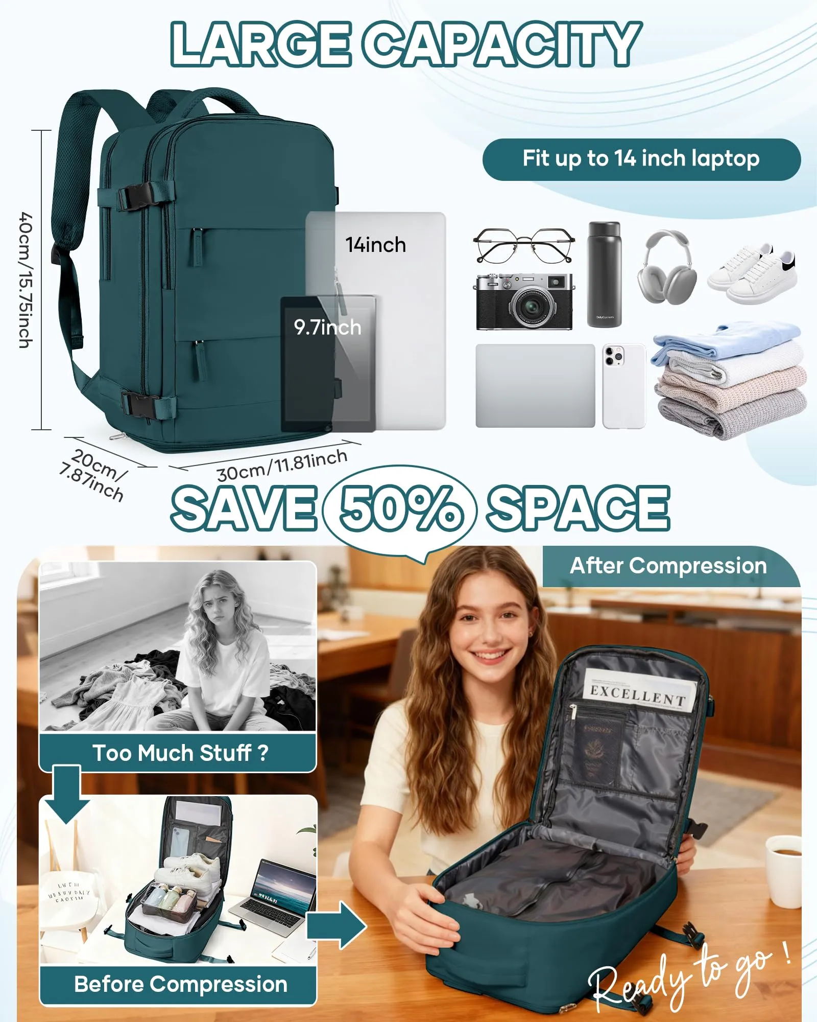SZLX Zaino da Viaggio Sottovuoto con Pompa, Bagaglio a Mano 40x30x20 per Ryanair, Wizzair, Easyjet, con Scomparto Laptop 14 Pollici e Porta Scarpe - immagine 5