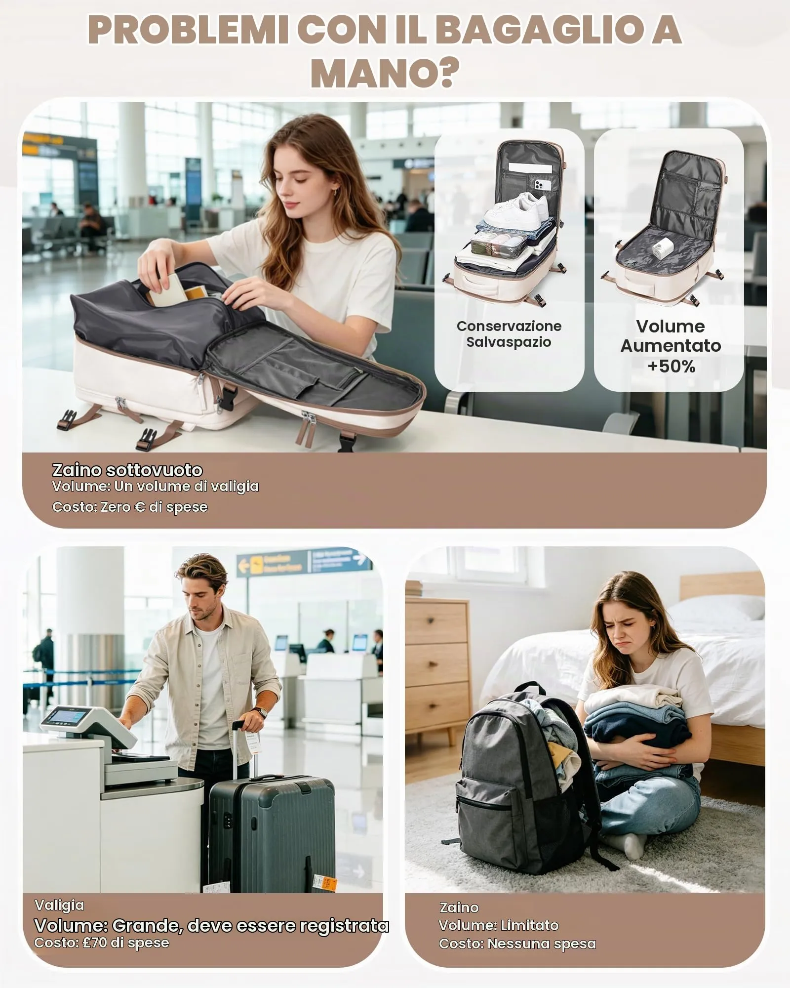 SZLX Zaino da Viaggio Sottovuoto con Pompa 40x30x20 per Ryanair Wizzair, Impermeabile, Scomparto Laptop 14 Pollici e Scomparto per Scarpe - immagine 4