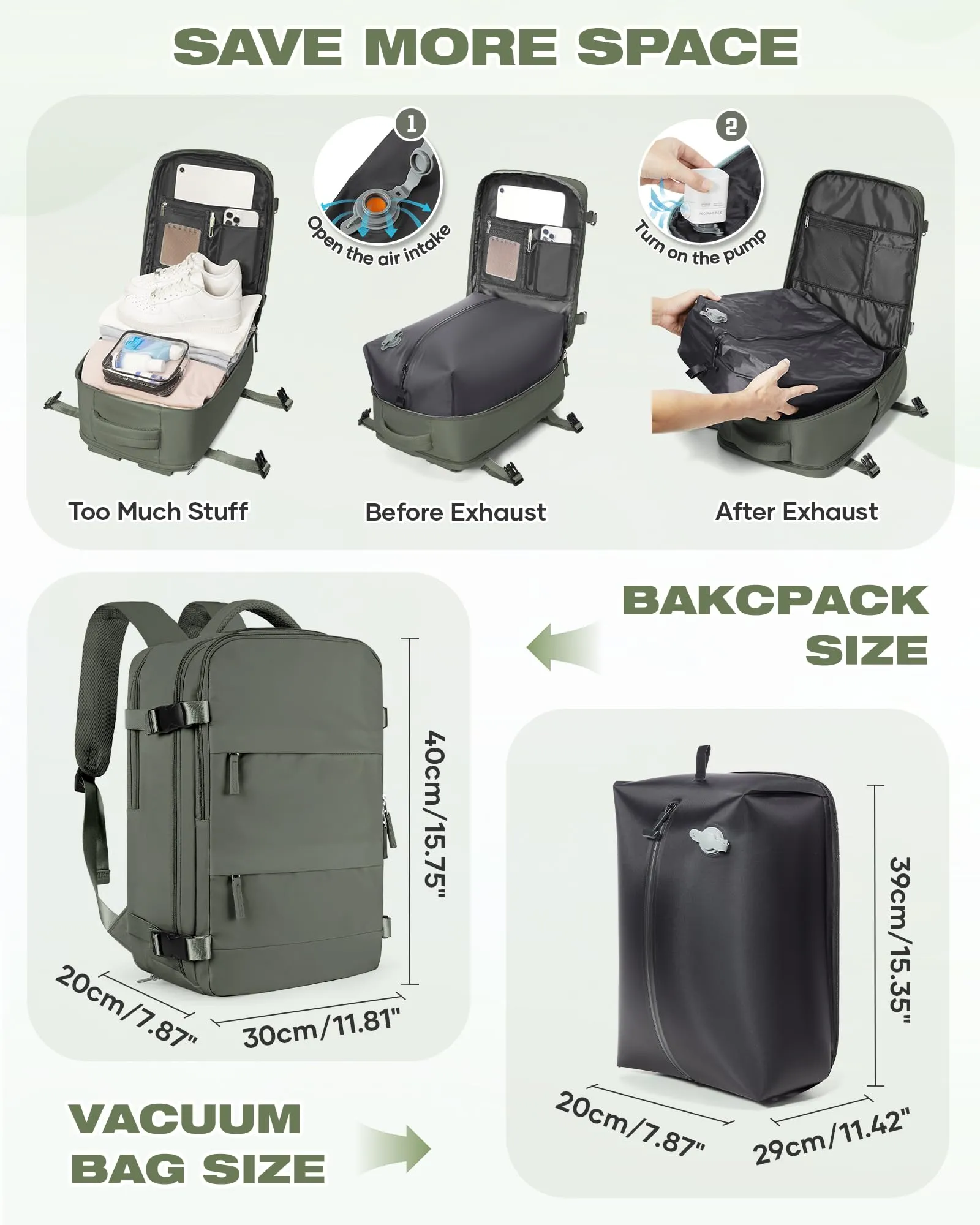 SZLX Zaino da Viaggio Sottovuoto con Pompa 40x30x20cm per Ryanair Wizzair, Impermeabile con Scomparto Scarpe e Laptop 14 Pollici - immagine 3