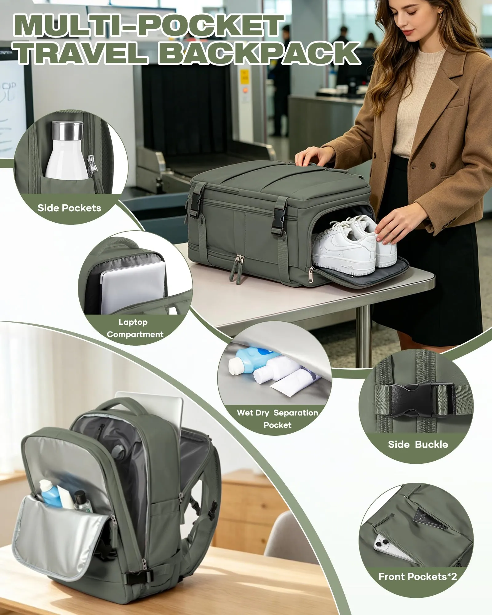 SZLX Zaino da Viaggio Sottovuoto con Pompa 40x30x20cm per Ryanair Wizzair, Impermeabile con Scomparto Scarpe e Laptop 14 Pollici - immagine 9