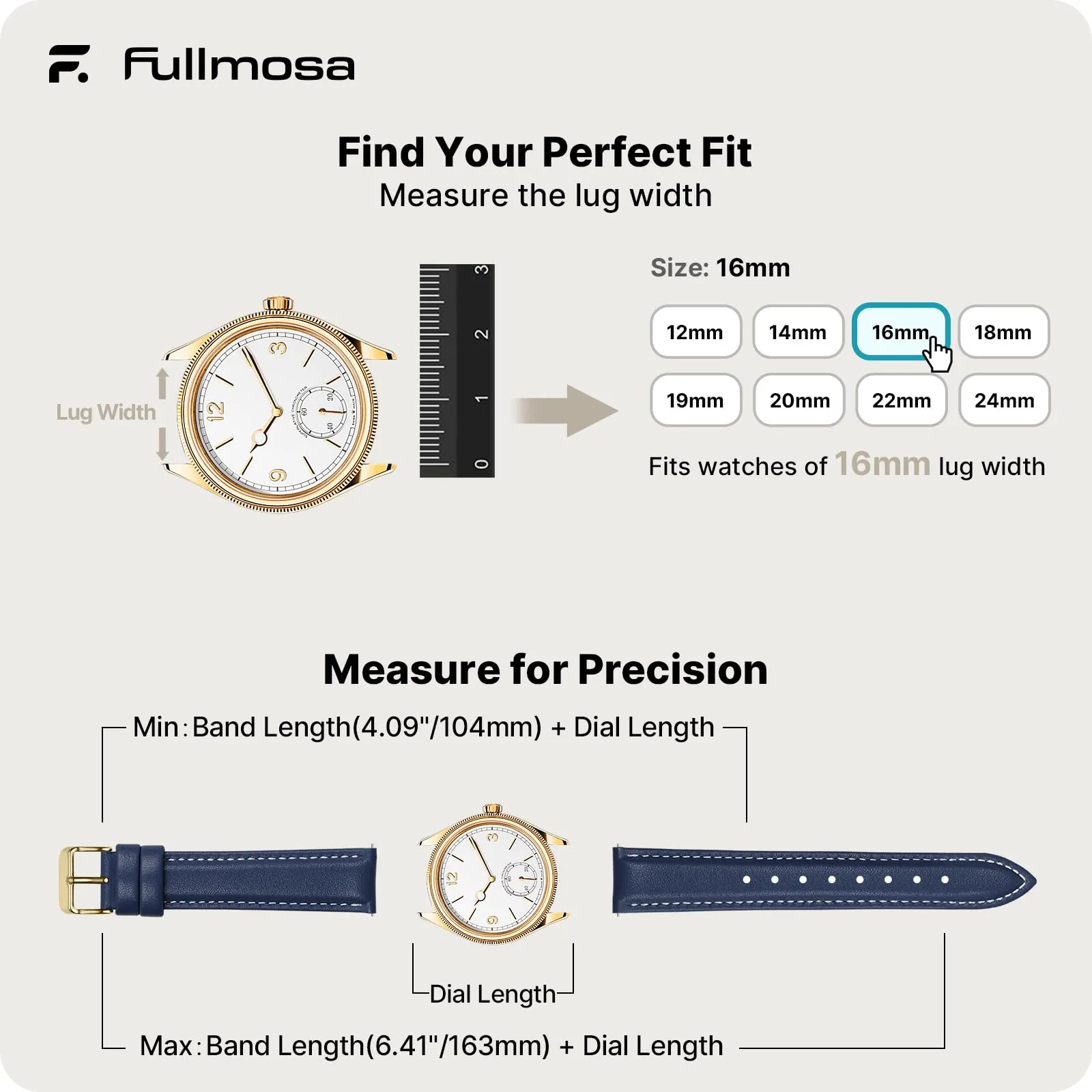 Fullmosa Cinturino per Orologio in Pelle a Sgancio Rapido, 16mm, Blu Scuro con Fibbia Oro - immagine 5