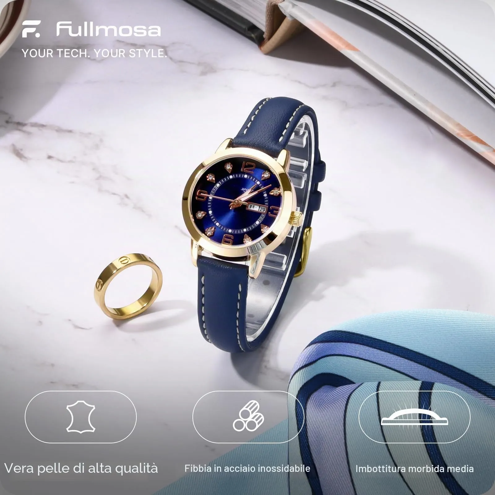 Fullmosa Cinturino in Pelle 14mm a Sgancio Rapido per Garmin Lily 2 / Lily 2 Active, Blu Scuro con Fibbia Oro - immagine 2