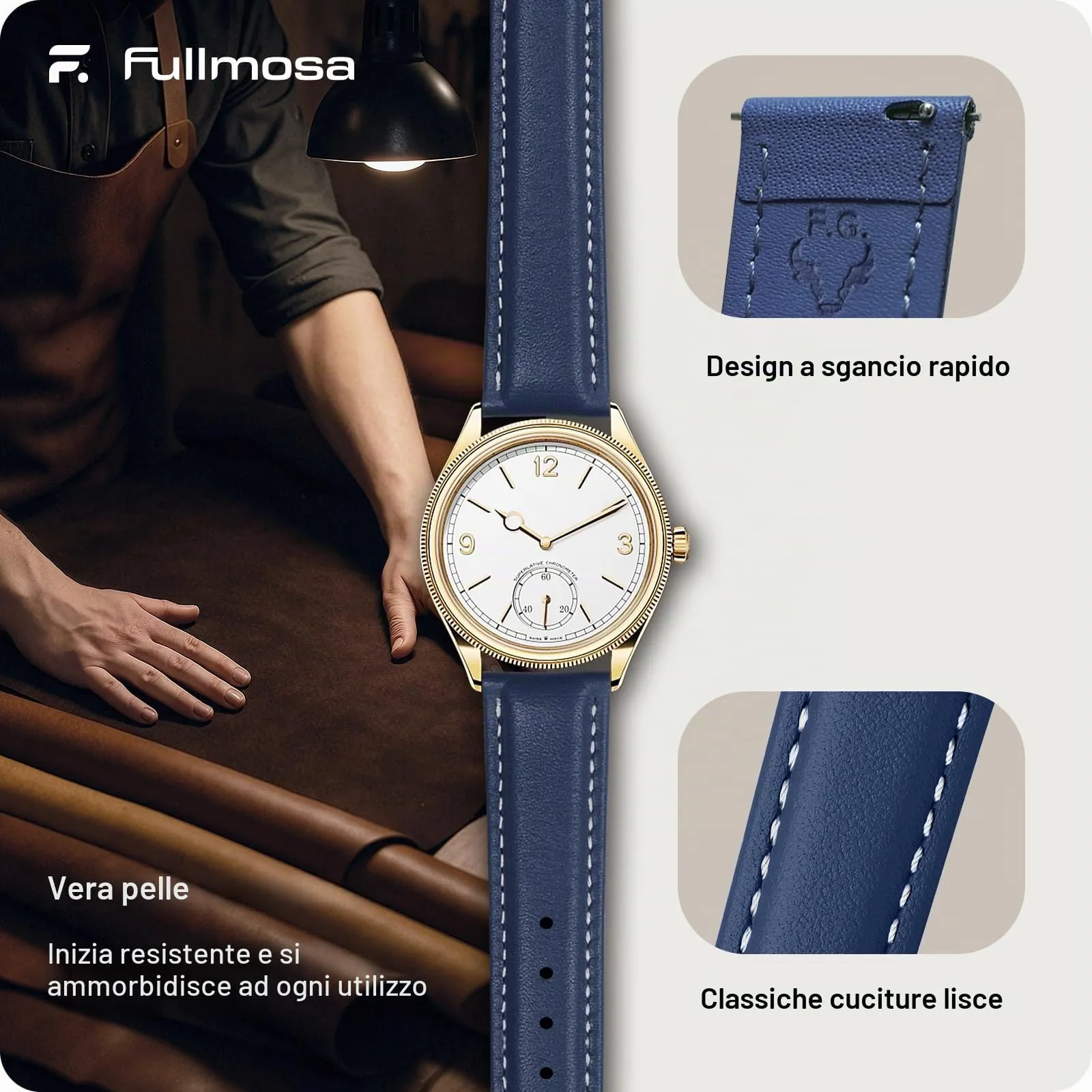 Fullmosa Cinturino in Pelle 14mm a Sgancio Rapido per Garmin Lily 2 / Lily 2 Active, Blu Scuro con Fibbia Oro - immagine 4