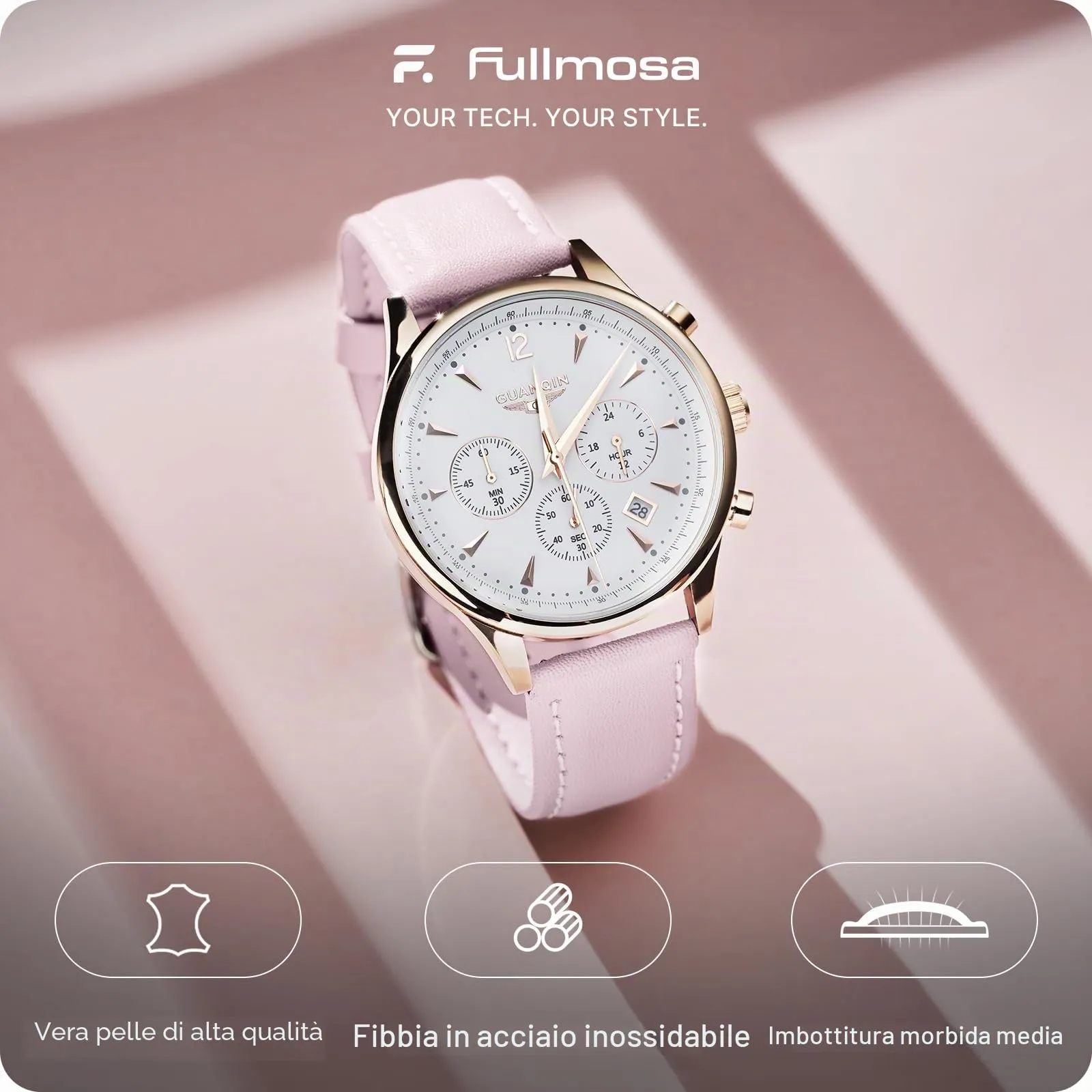 Fullmosa Cinturino per Orologio 16mm in Pelle a Sgancio Rapido - Rosa Sabbia e Oro Rosa - immagine 2