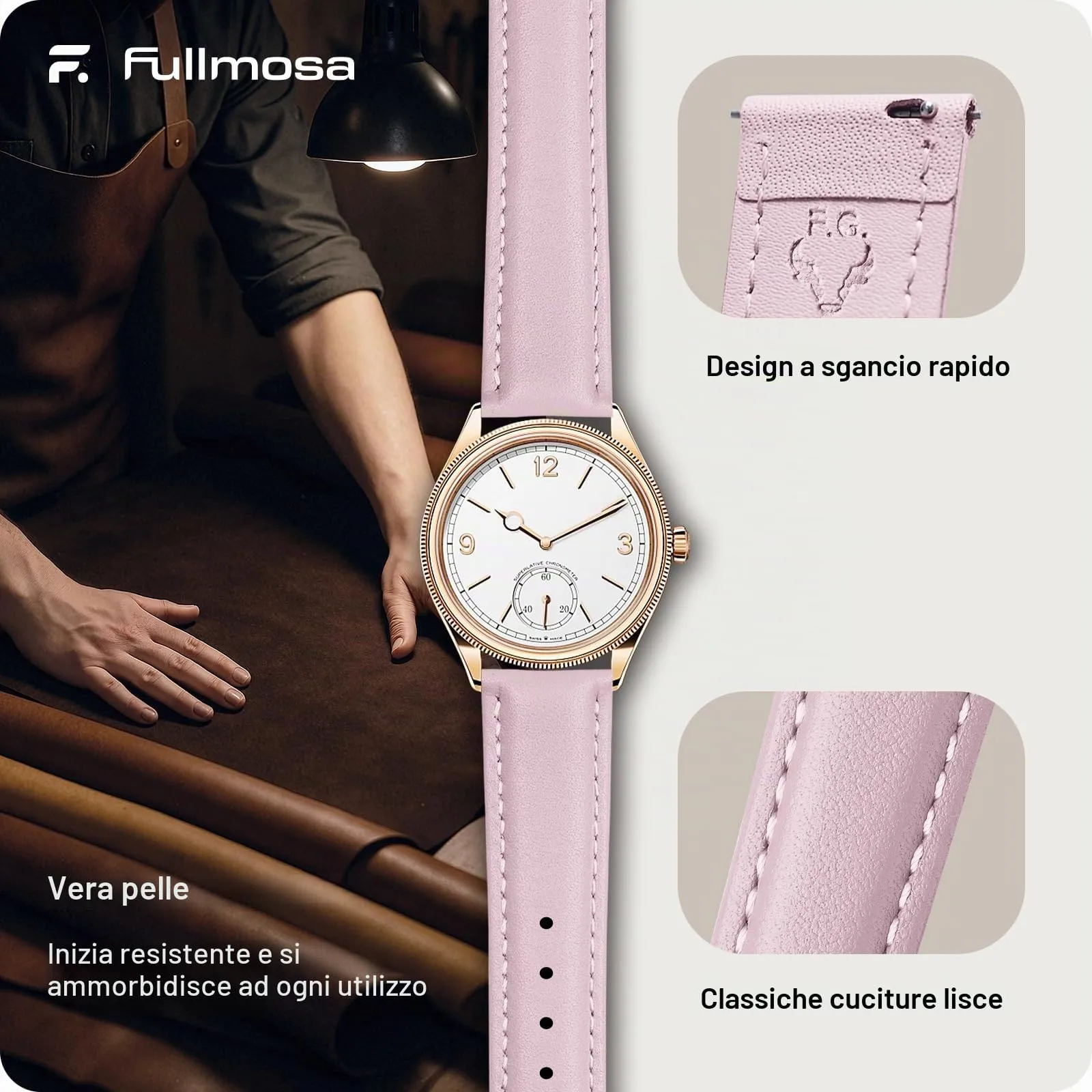Fullmosa Cinturino per Orologio 16mm in Pelle a Sgancio Rapido - Rosa Sabbia e Oro Rosa - immagine 4