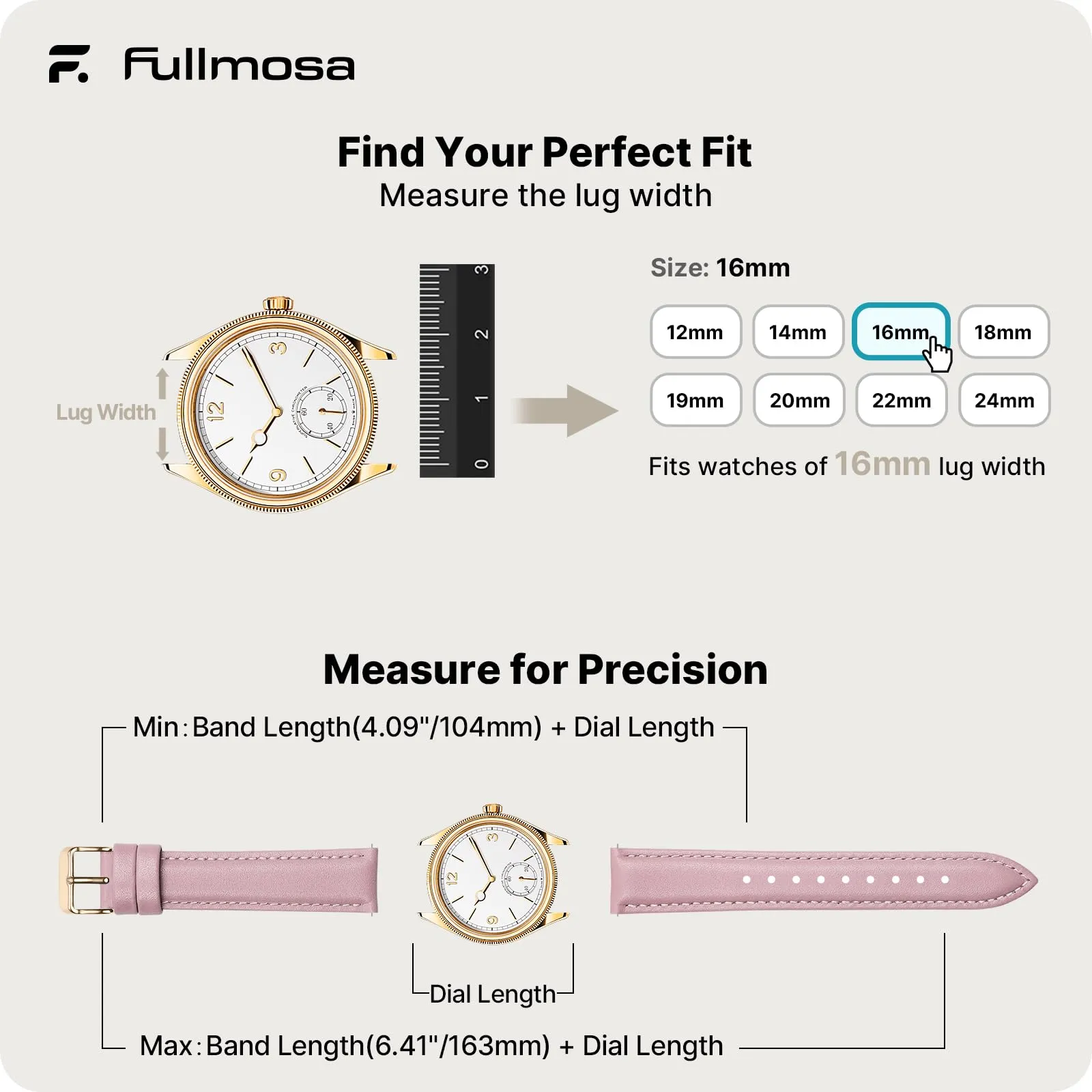 Fullmosa Cinturino per Orologio 16mm in Pelle a Sgancio Rapido - Rosa Sabbia e Oro Rosa - immagine 5