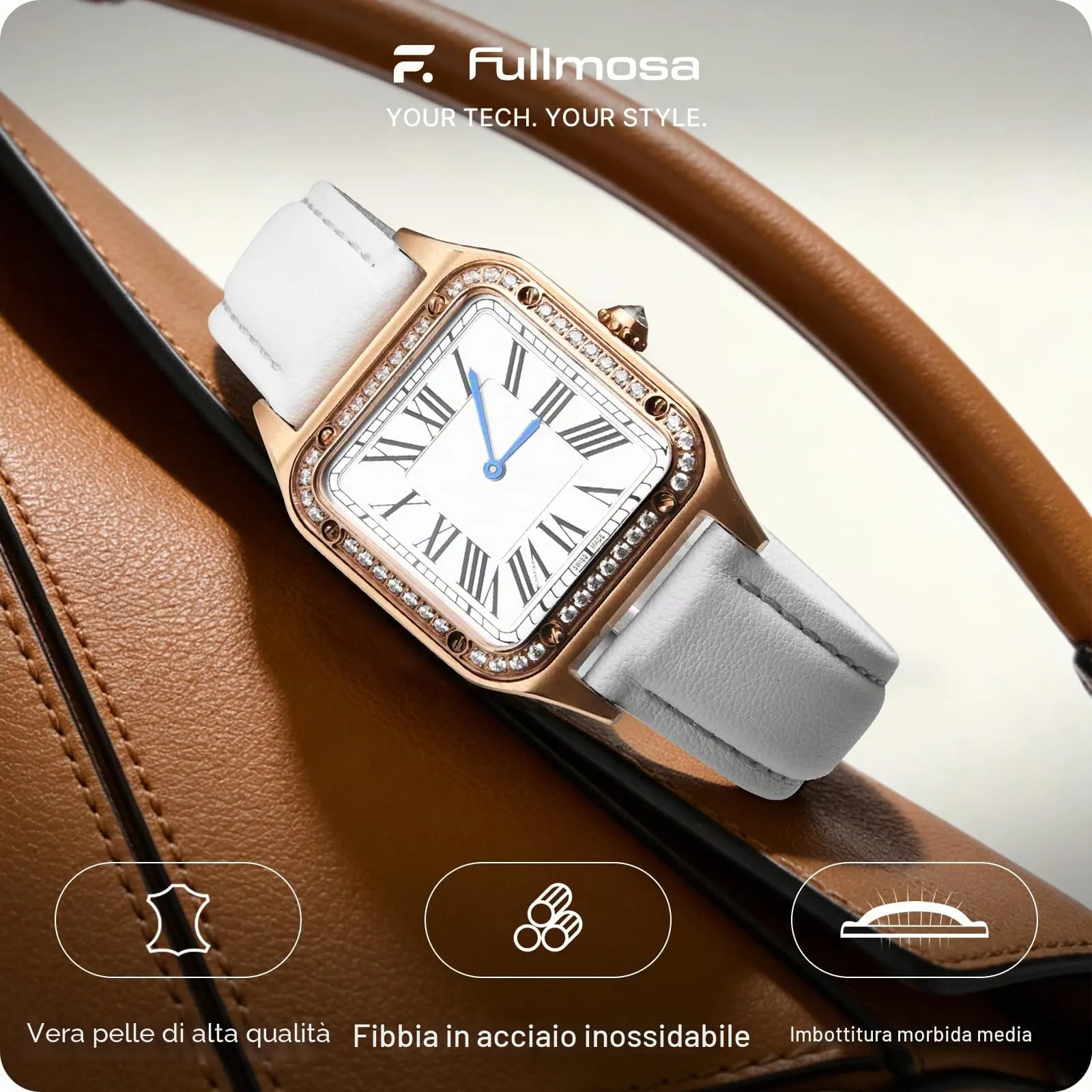 Fullmosa Cinturino per Orologio 16mm in Pelle a Sgancio Rapido - Bianco con Fibbia Oro Rosa - immagine 2