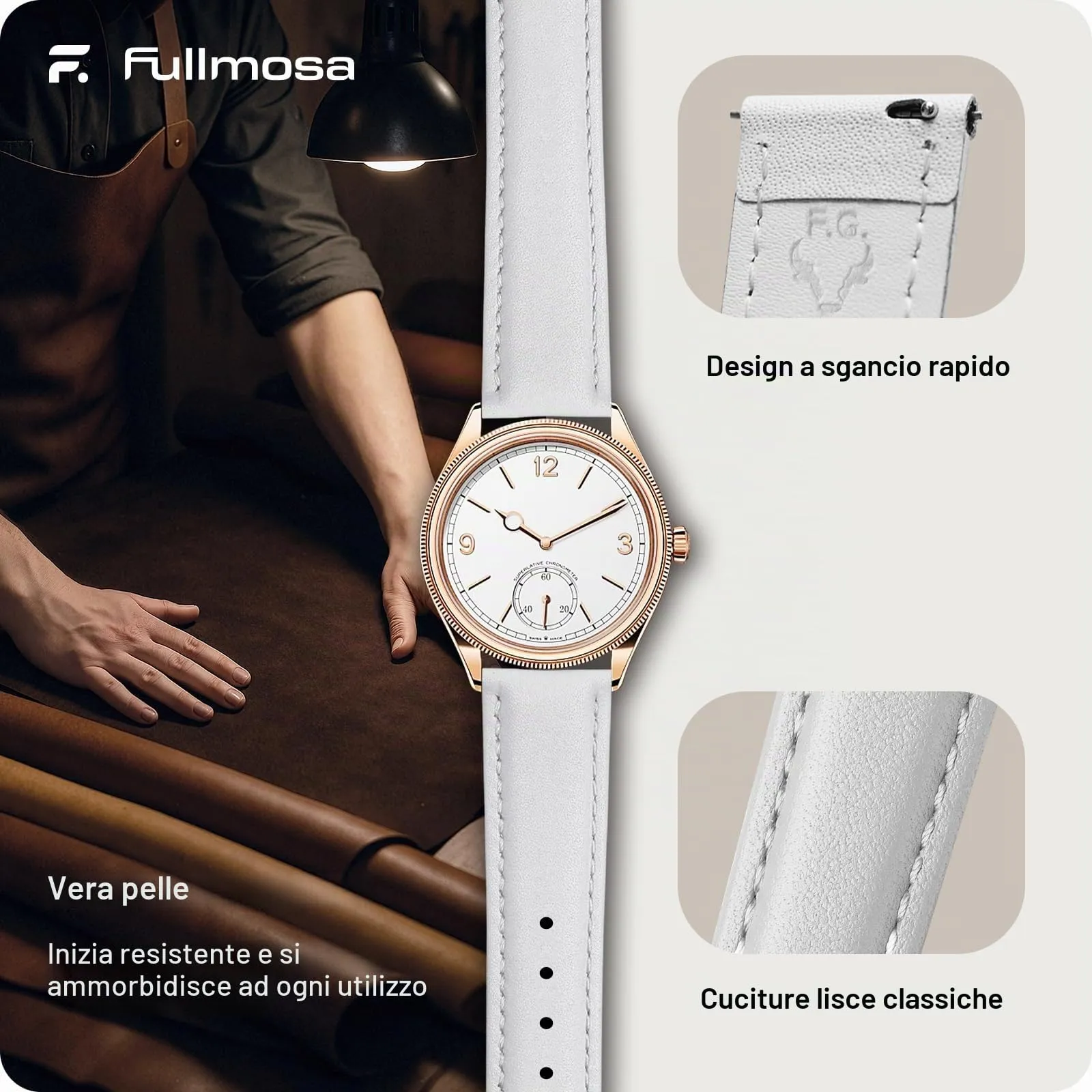 Fullmosa Cinturino per Orologio 16mm in Pelle a Sgancio Rapido - Bianco con Fibbia Oro Rosa - immagine 4