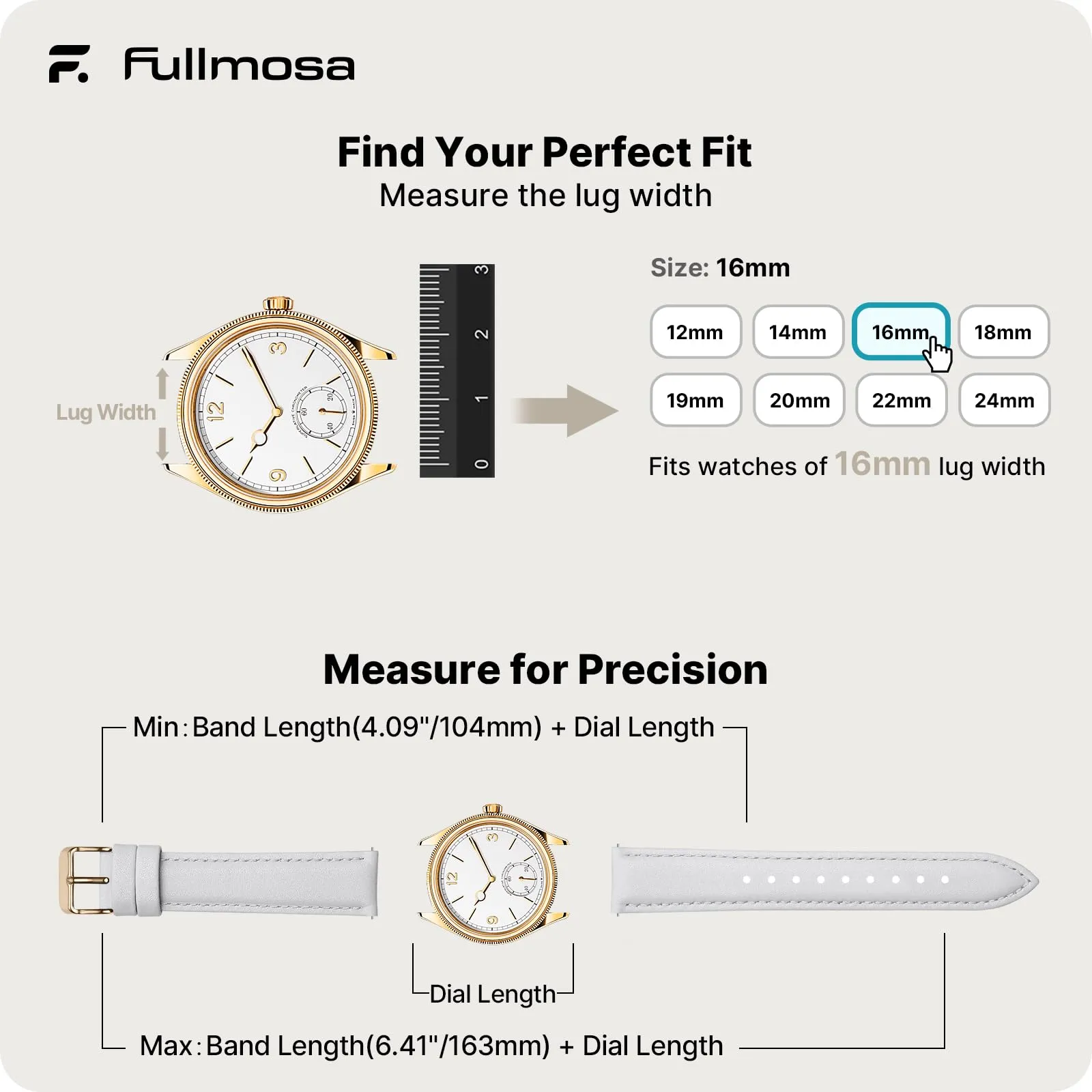 Fullmosa Cinturino per Orologio 16mm in Pelle a Sgancio Rapido - Bianco con Fibbia Oro Rosa - immagine 5