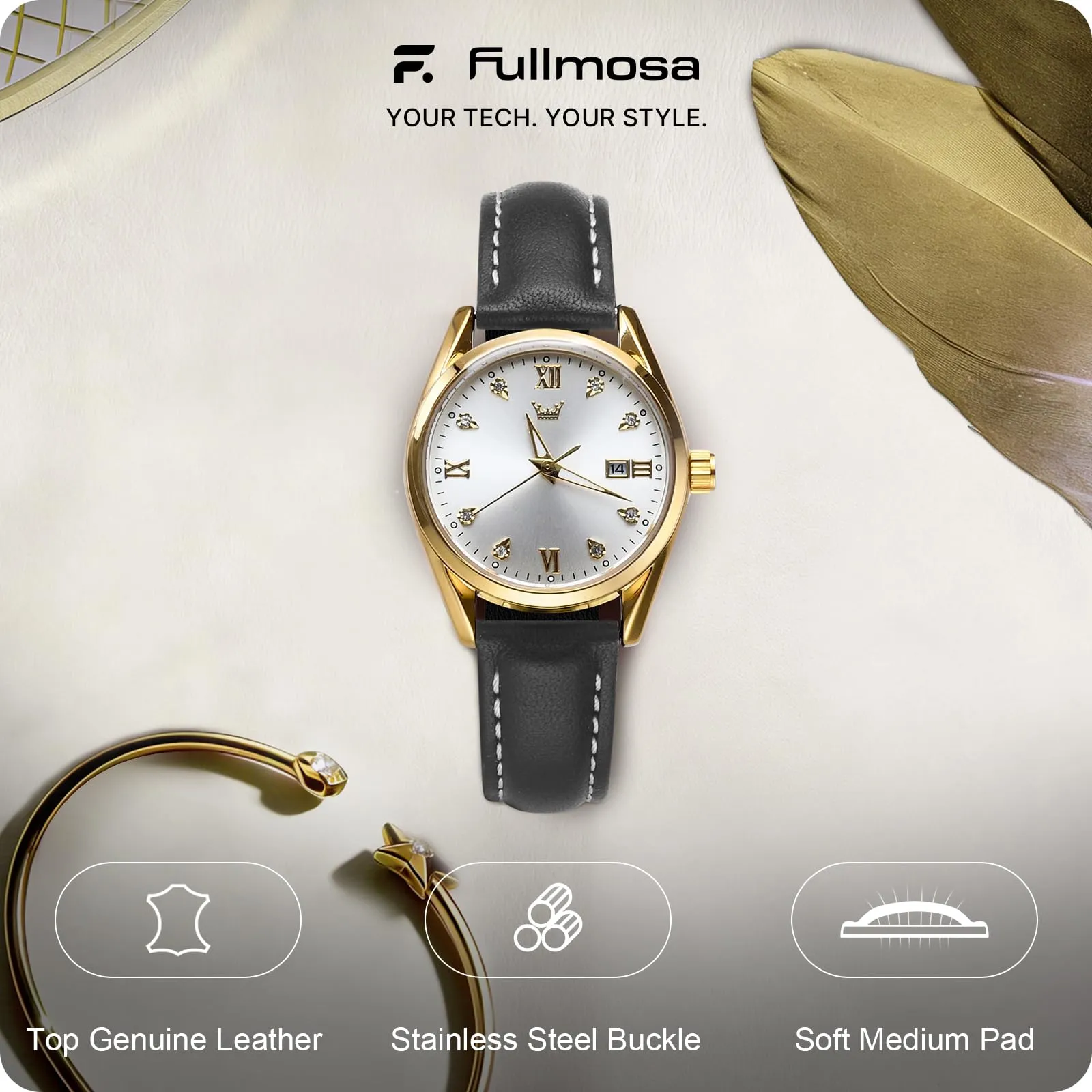 Fullmosa Cinturino in Pelle 14mm a Sgancio Rapido per Garmin Lily 2 e Lily 2 Active, Nero con Fibbia Oro - immagine 2