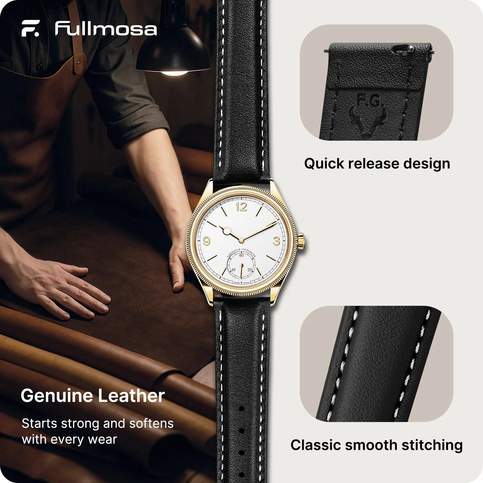 Fullmosa Cinturino in Pelle 14mm a Sgancio Rapido per Garmin Lily 2 e Lily 2 Active, Nero con Fibbia Oro - immagine 4