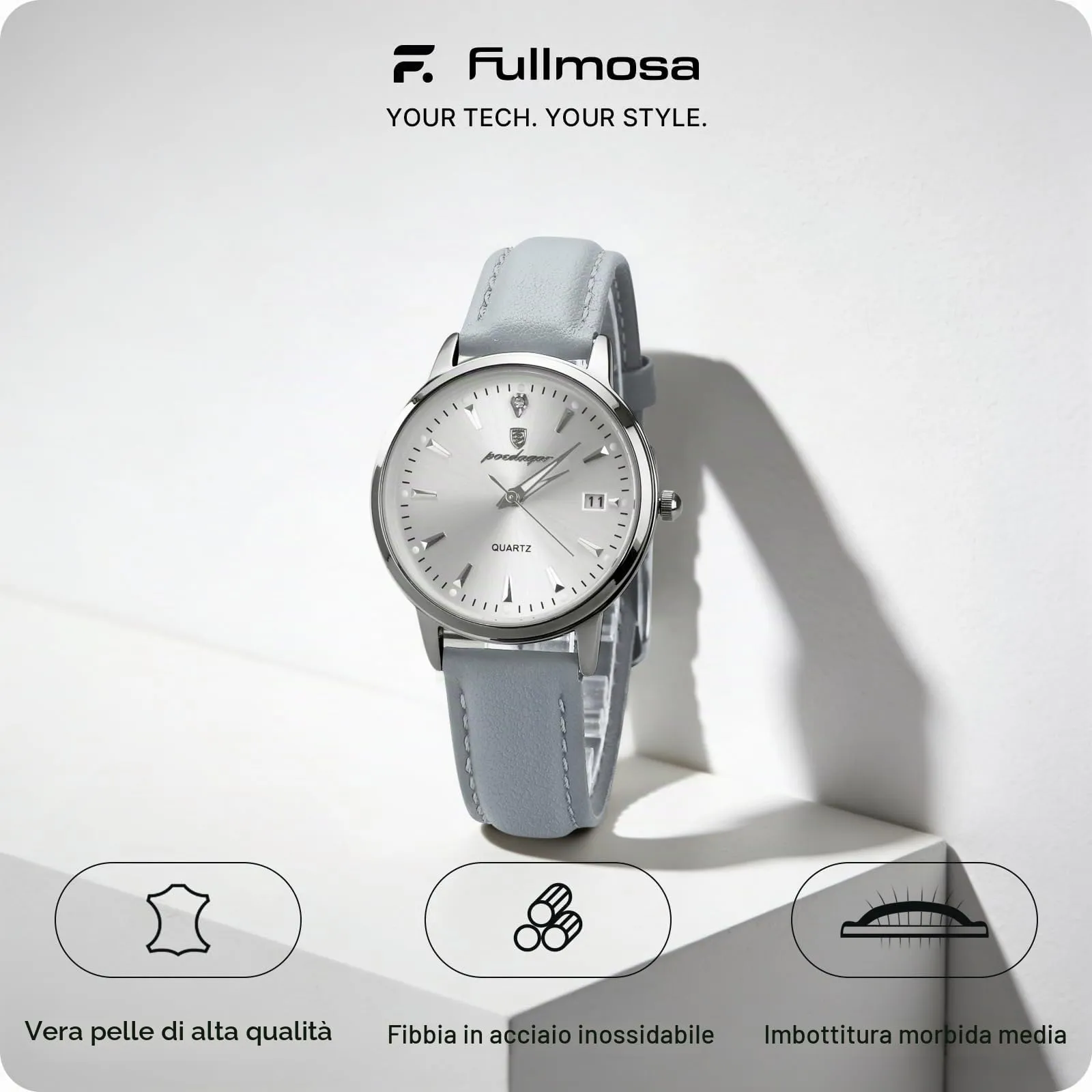 Fullmosa Cinturino per Orologio in Pelle a Sgancio Rapido, 16mm, Grigio Chiaro con Fibbia Argento - immagine 2