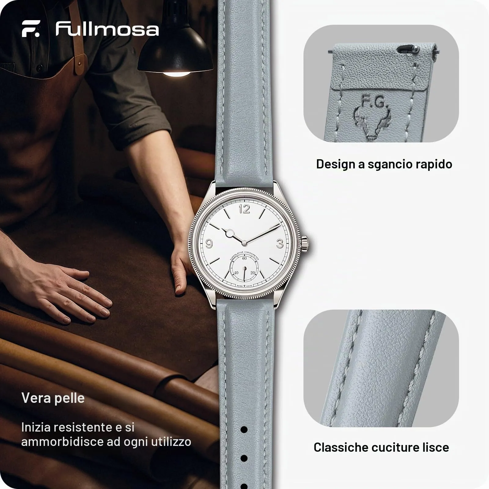 Fullmosa Cinturino per Orologio in Pelle a Sgancio Rapido, 16mm, Grigio Chiaro con Fibbia Argento - immagine 4