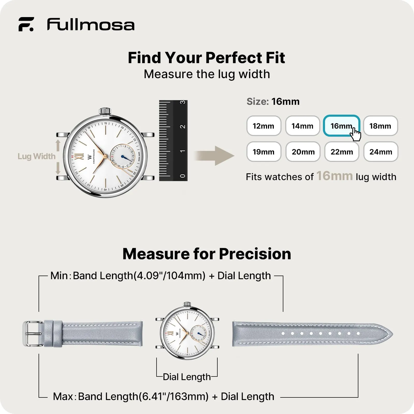 Fullmosa Cinturino per Orologio in Pelle a Sgancio Rapido, 16mm, Grigio Chiaro con Fibbia Argento - immagine 5